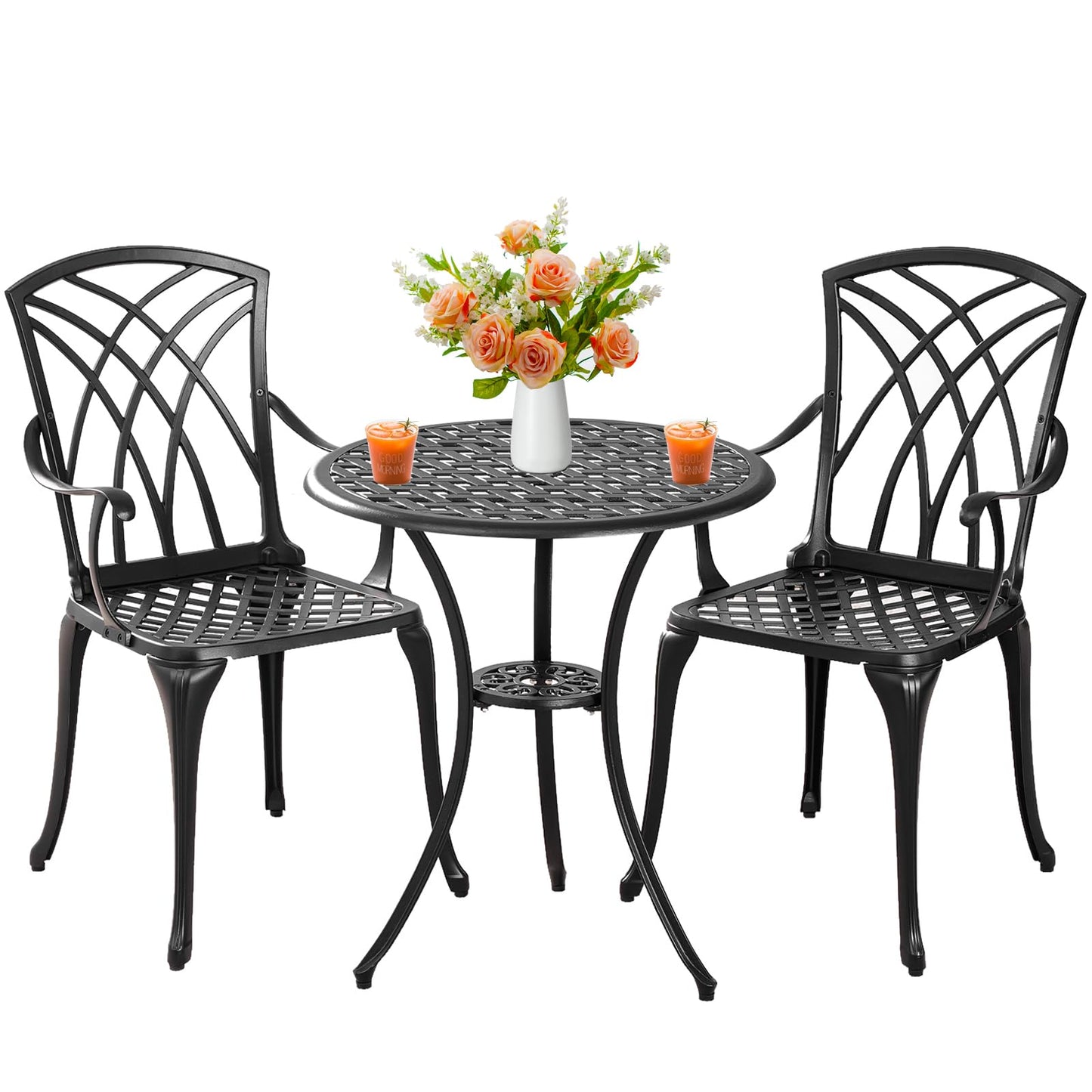 Withniture Outdoor 3 Piece Bistro Set Cast Aluminum Bistro Table and Chairs Set of 2, All Weather Bistro Patio Set, Patio Furniture for Garden Black