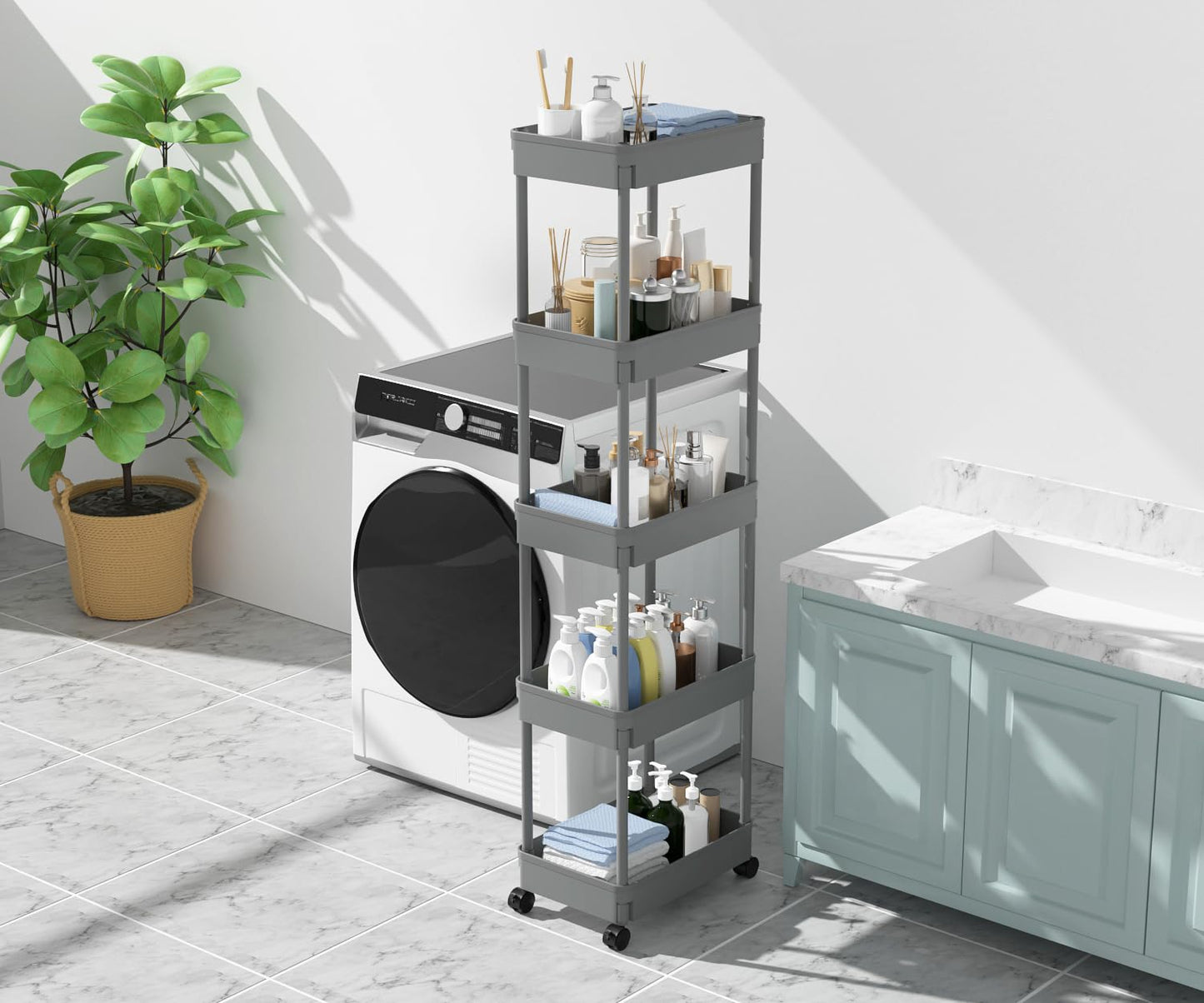Sooyee 5-Tier Plastic Rolling Utility Cart with Wheels, Multi-Functional Storage Trolley for Office, Living Room, Kitchen, Movable Storage Organizer with Wheels,Grey