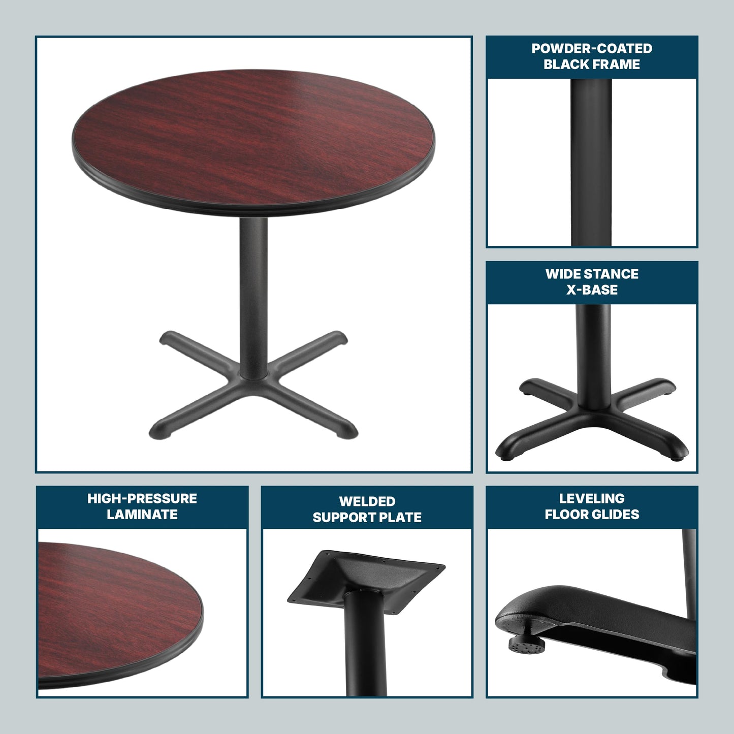 OEF Furnishings OEFCT13636XDMY Premium Commercial-Grade Restaurant and Breakroom Cafe Table (Round, 36 in Diameter, 30 in Dining Height, X-Base, Black Frame, Mahogany Laminate)