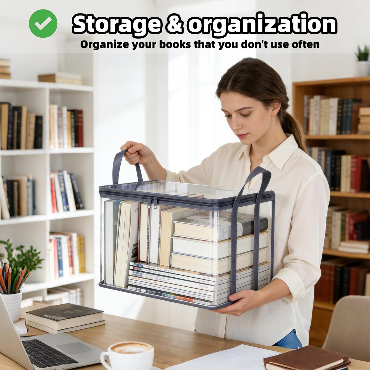 2-Pack Large Clear Book Storage Bags - Waterproof Plastic Comic Book Bin with Carrying Handles - Portable Book Display Case & Closet Organizer for Used Books, DVDs and Magazines - 15" x 9.5" x 12.5"