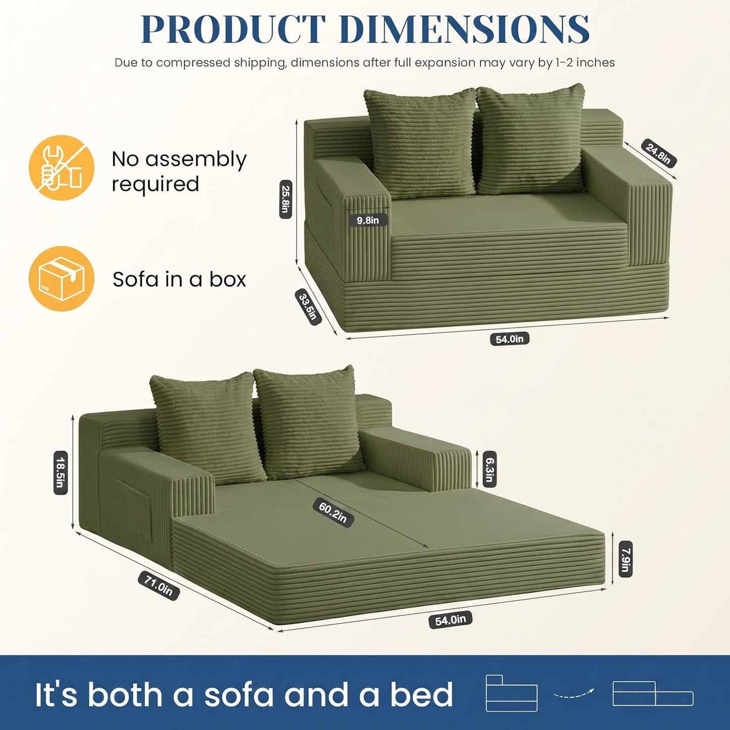Convertible Sofa Bed,Small Boneless Couch & Boneless Loveseat,Pull Out Couch Bed for Small Spaces,Premium Luxe Corduroy Folding Floor Futon Sleeper with Side Pocket & 2 Pillows,No Assembly Required