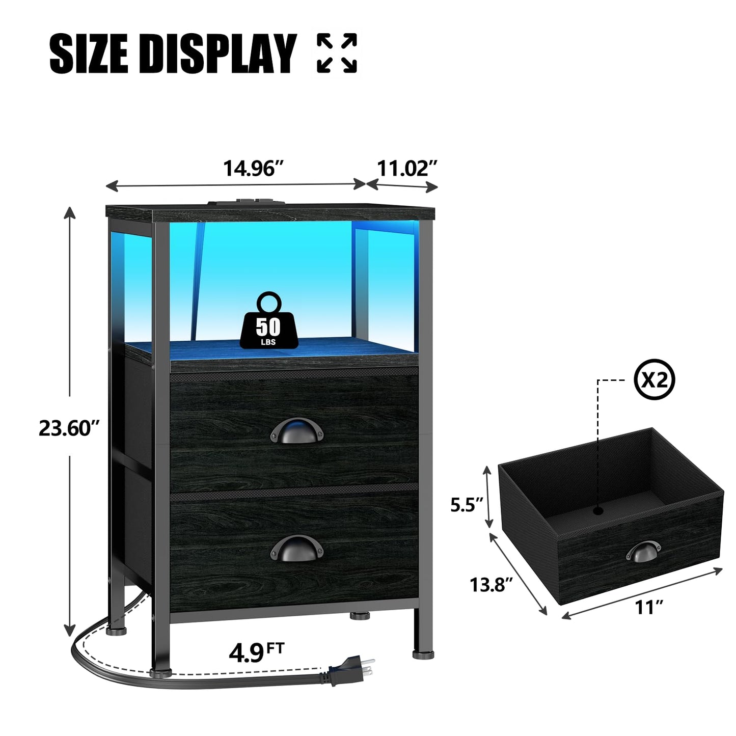 Furologee Nightstands with Charging Station, End Table with LED Lights, Black Night Stands with 2 Fabric Drawers, Bedside Tables with Shelves for Living Room/Bedroom,Black Oak