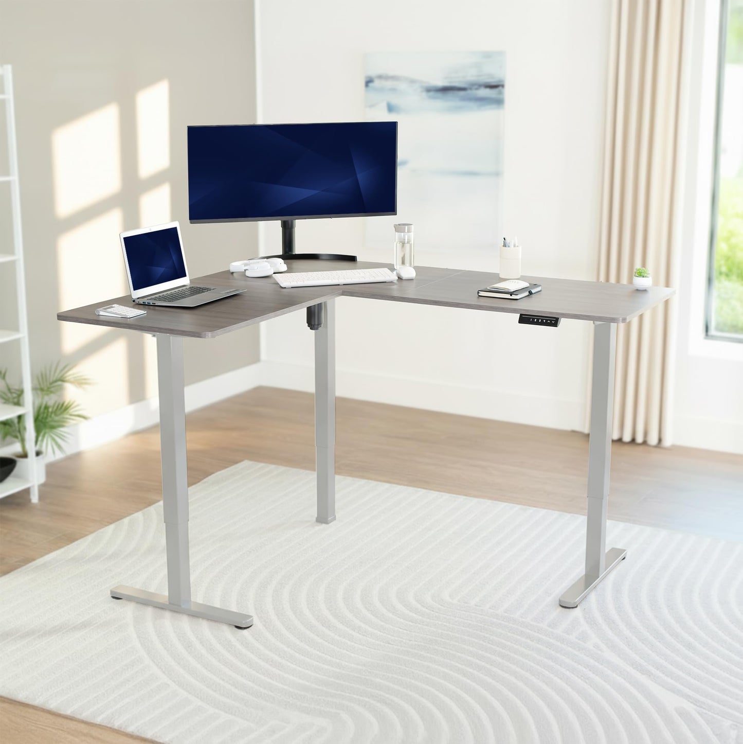 VIVO Corner Standing Desk, 63 x 55 inch Reversible L-Shaped Workstation, Electric Height Adjustment, Home, Office, and Reception Rooms, Dark Gray Table Top Gray Frame, DESK-E3CTGG