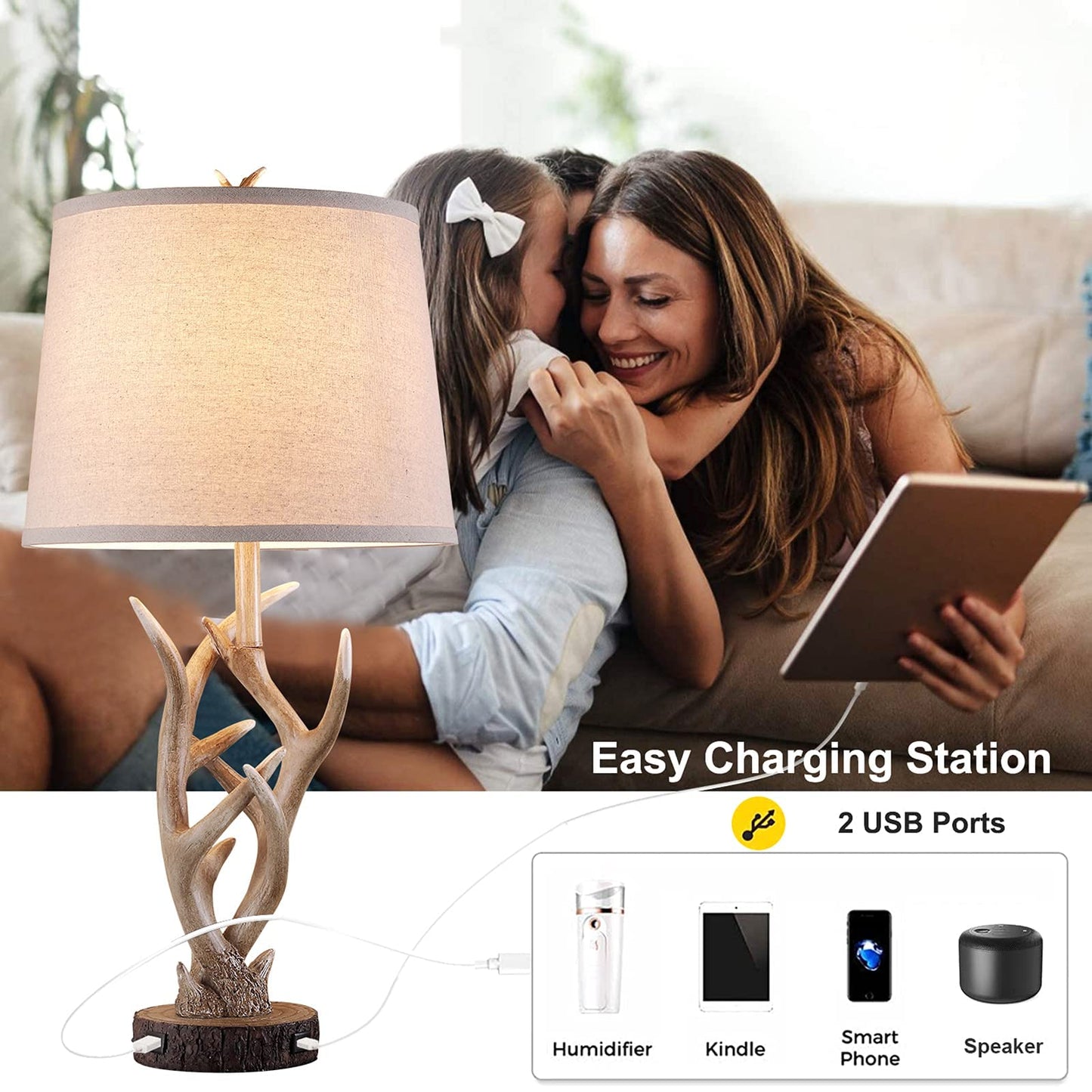 Dungoo Rustic Western Table Lamp Set of 2, 26" Farmhouse Bedside Lamp for Bedroom with 2 USB Ports, Natural Antler Table Lamp for Living Room Foyer Study Office (Rustic)