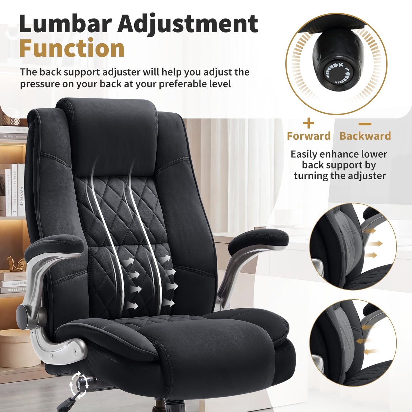 Fabric High Back Office Chair with Lockable Quiet Casters, Thick Padded Ergonomic Computer Chair- Adjustable Lumbar Support & Flip-Up Arms, Wide Executive Desk Chair for Back Pain, 400LBS Capacity