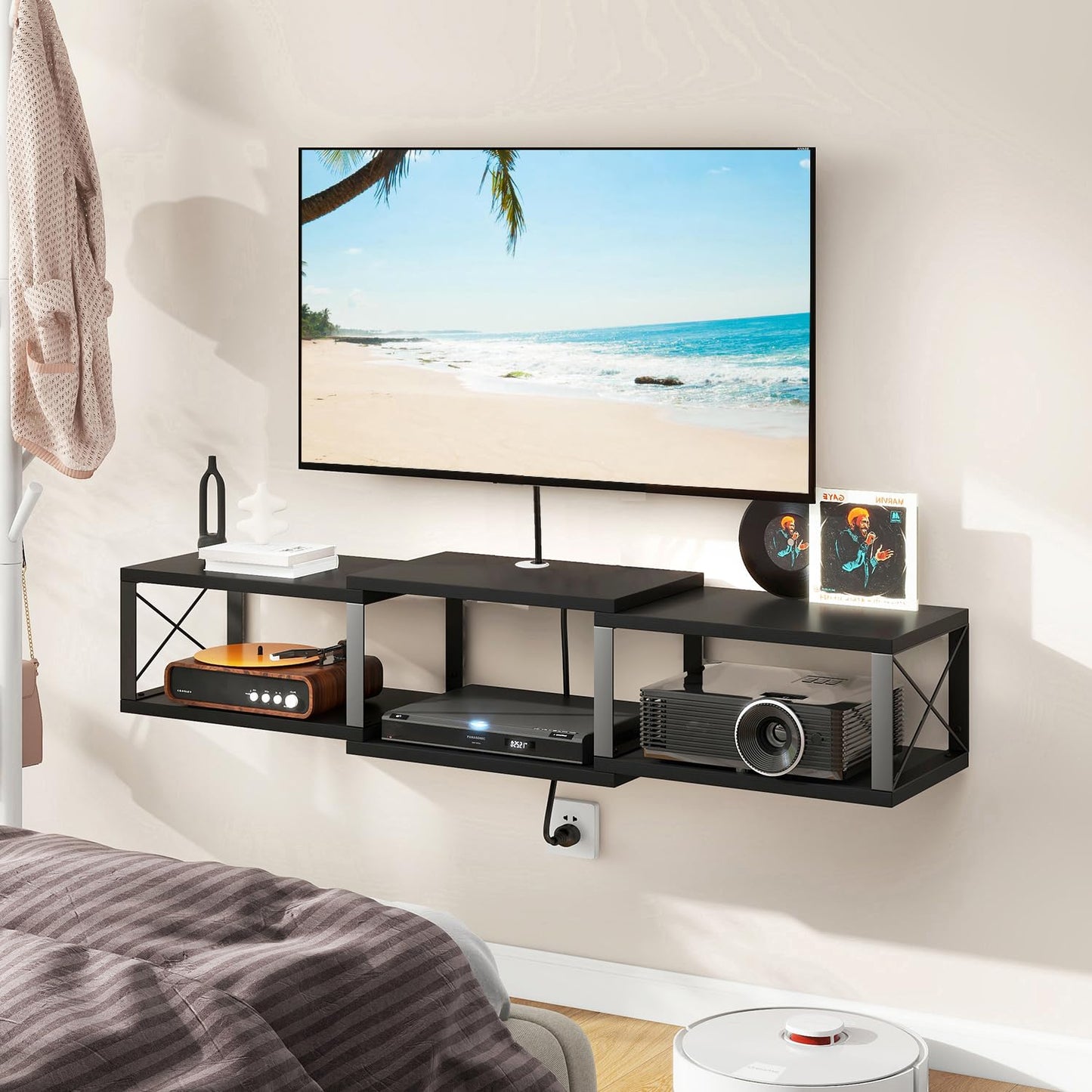 IBUYKE Floating TV Stand with Power Outlet,Wall-Mounted Floating Stand for TVs up to 55",Metal Wall Entertainment Center,Wall Mounted TV Shelf with Storage for Living Room Bedroom,Black UWST011B