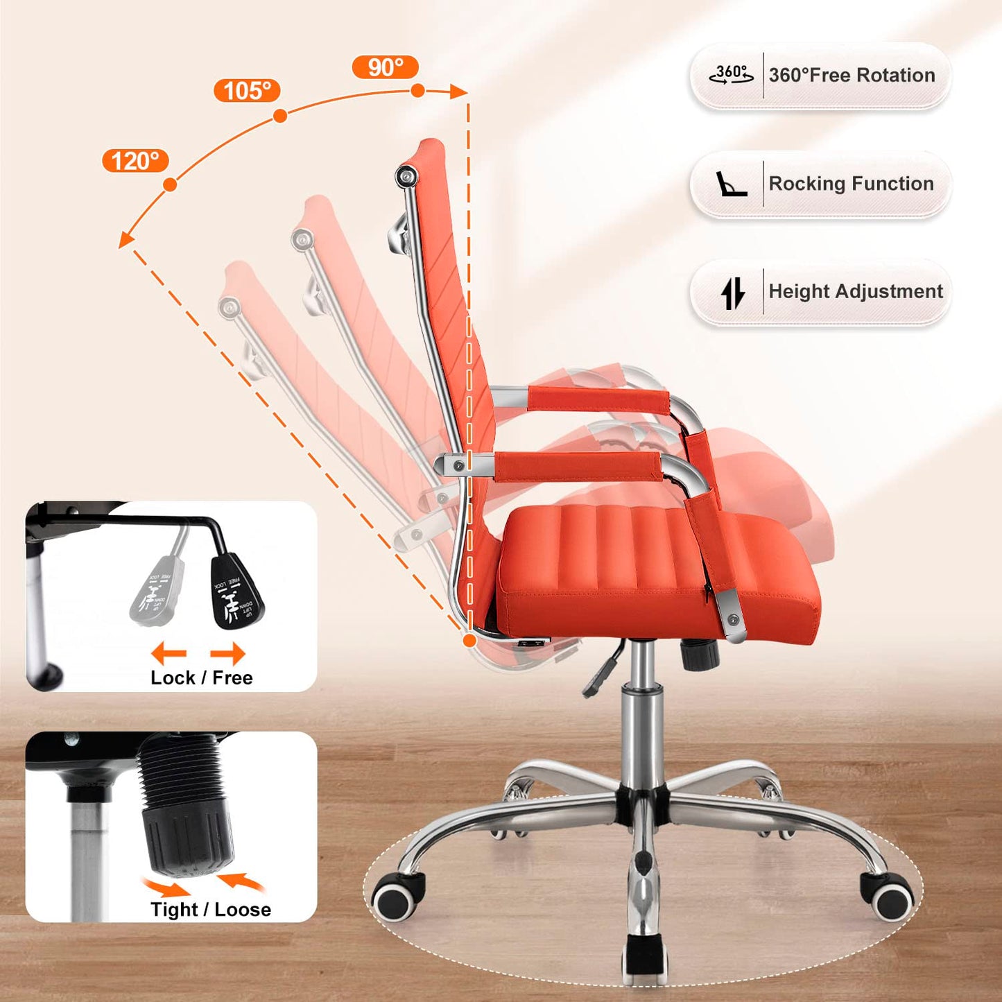 Shahoo Ribbed Office Chair, Mid-Back PU Leather Office Chair Executive Task Chair with 360° Swivel Wheels for Conference Room, Home Offices (Orange)