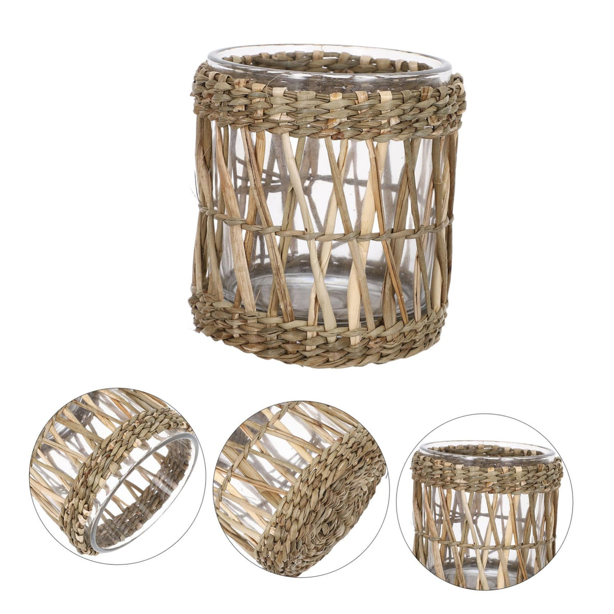 INOOMP Glass Candle Holder with Straw Woven Sleeve, Elegant Tea Light Candleholders for Desktop and Banquets, Aromatherapy and Home Decor, Party and Wedding Table Centerpiece