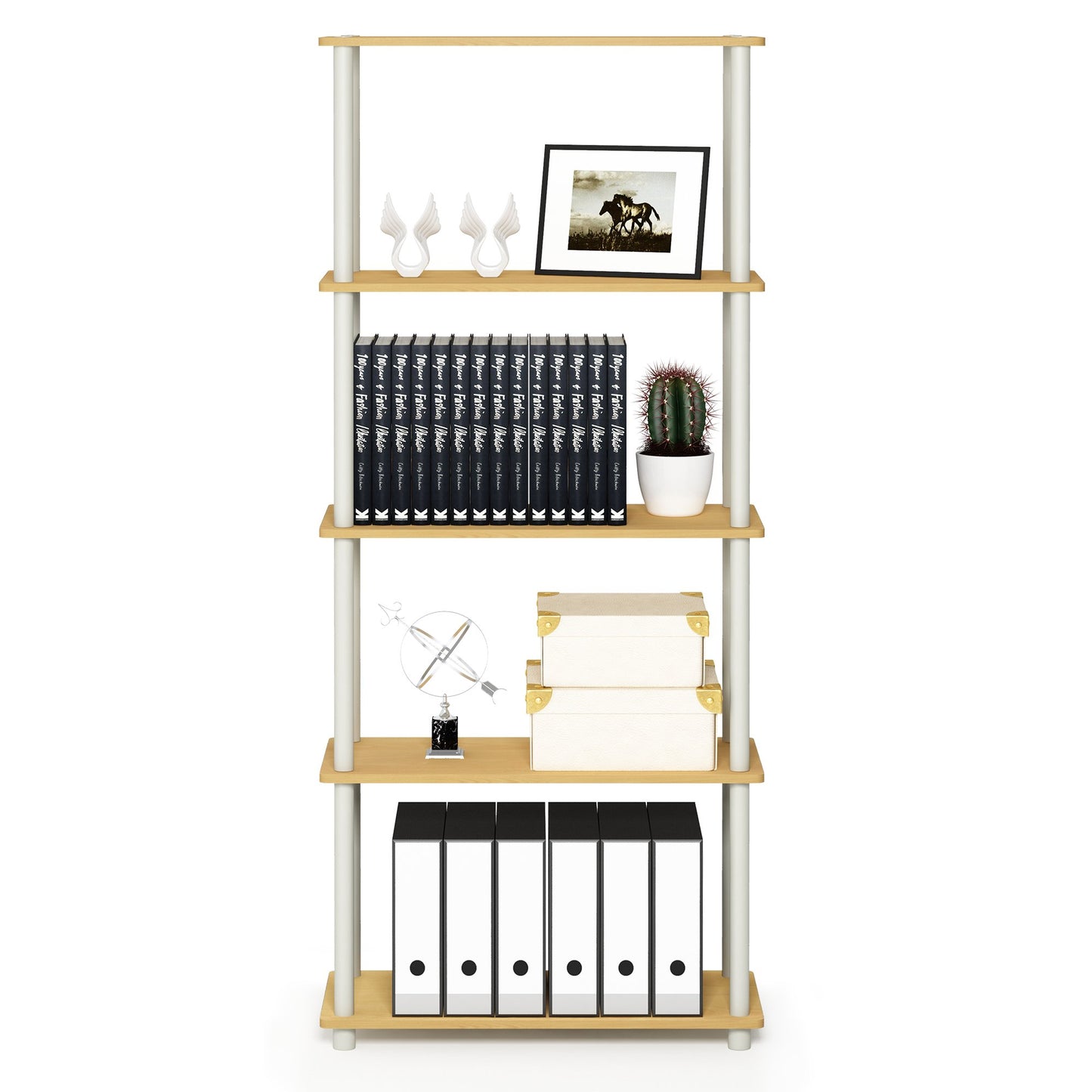 Furinno TURN-N-TUBE Storage Shelves, 5-Tier Book Shelf, Corner Shelf, Toolless Open Shelves, for Organization and Storage, Living Room, Garage, Home Office, Beech