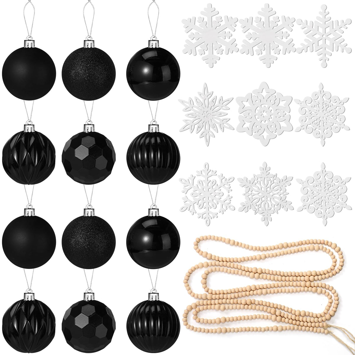 Aoriher 45 Pcs Christmas Tree Ornament Set,34pcs Christmas Ball Ornaments with Xmas Wooden Bead Garland Snowflake Ornaments for Xmas Tree Holiday Wedding Party Wreath Home Decoration(Black)