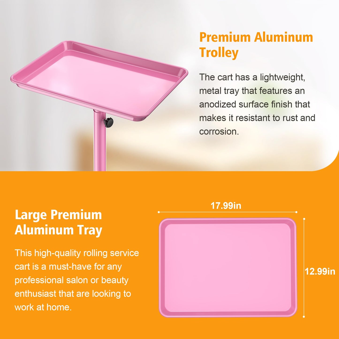 DEER BEAUTY Salon Tray on Wheels - Premium Aluminum Tattoo Tray Rolling Trolley - Adjustable Salon Service Rolling Tray Hairdresser Cart with Clinic Spa Rolling Tray Wheels (Pink)