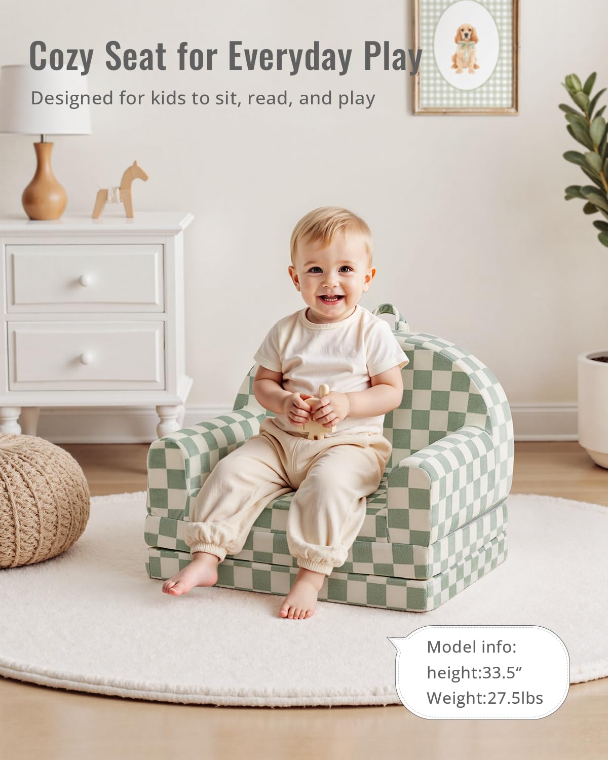 Blissful Diary Kids Couch, 2-in-1 Comfy Kids Chair for Reading, Playroom, Kids Couch Sofa for Girls Boys Birthday Gift, Sage Checkered