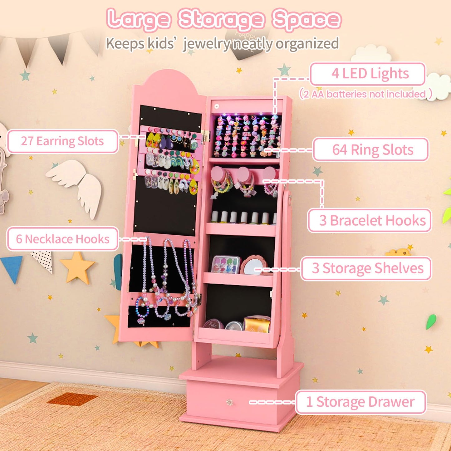 INFANS Kids Jewelry Armoire Cabinet with LED Lights, Lockable Standing Organizer with Full-length Mirror, Unicorn Theme Children Vanity Dress Up Storage Rack for Girls