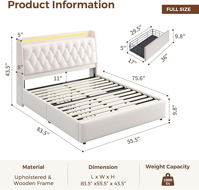 Full LED Velvet Bed Frame with 2 Storage Drawers&Hidden Headboard, Upholstered