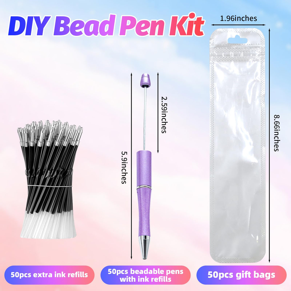 DASTTUIS 150 Pieces DIY Beadable Pen Kit – 50 Plastic Ballpoint Pens with Refills & Bags – School Supplies, Office Accessories & Decorative Items for Students & Teachers (Dreamy Soft Palette)