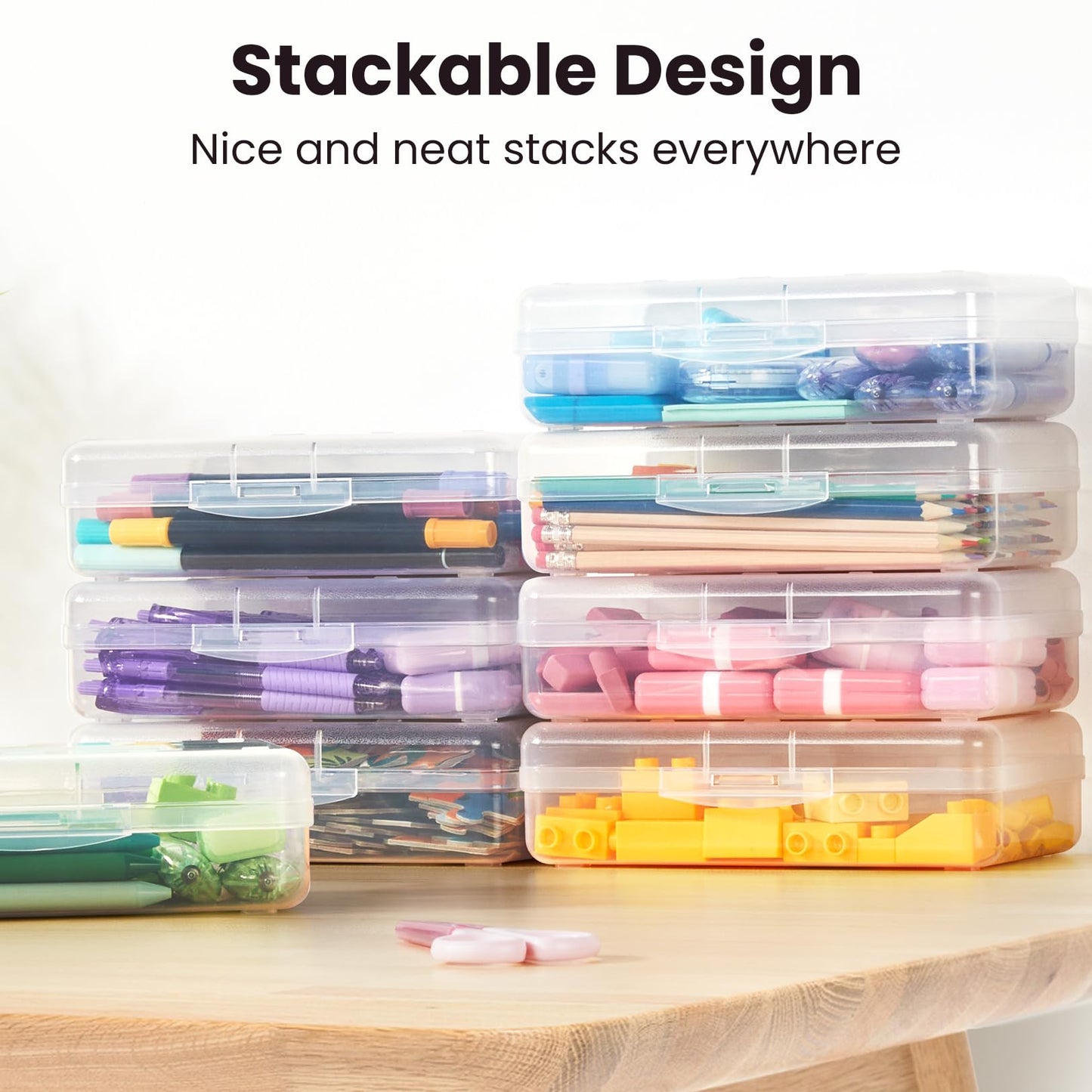 Sooez 6 Pack Pencil Box, Hard Pencil Boxes for School Supplies Bulk, Large Plastic Pencil Case with Lid, Clear Pencil Container, Stackable School Crayon Boxes Bulk for Kids