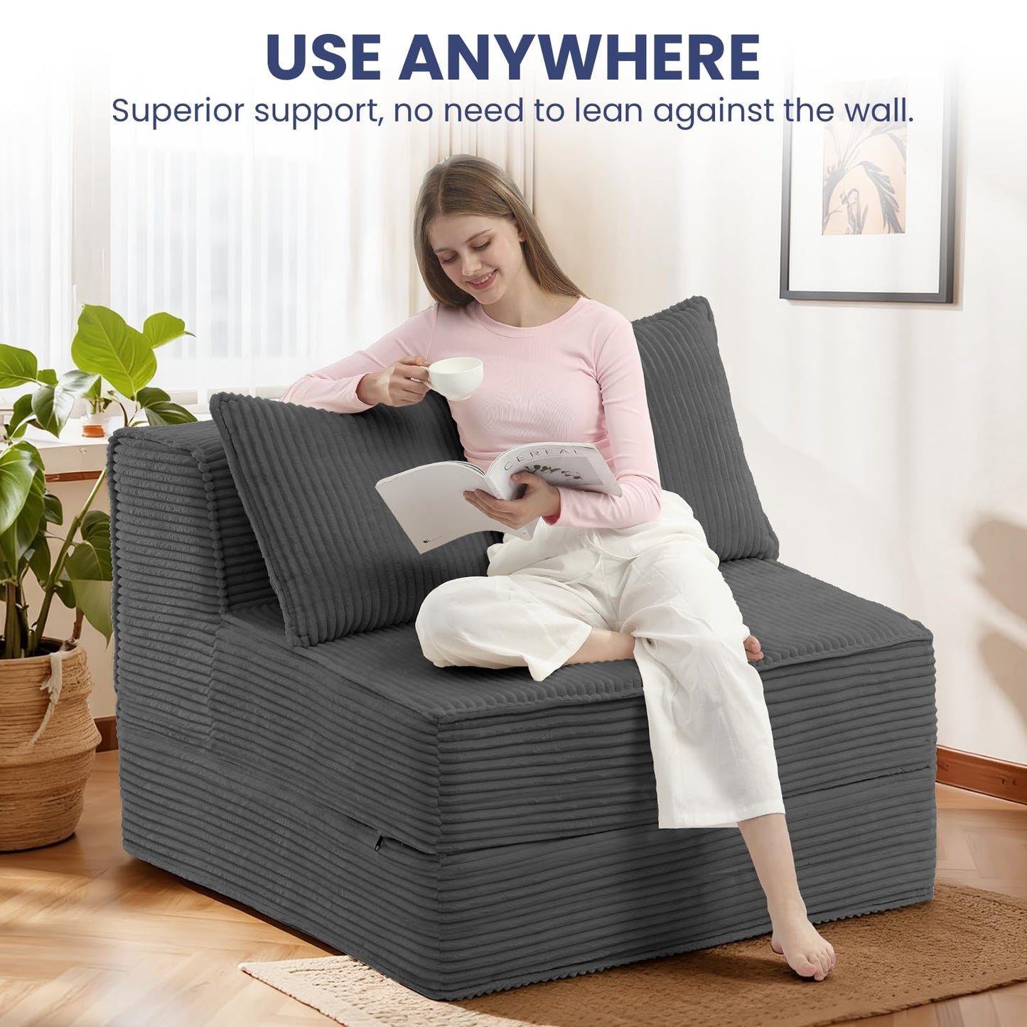 Erament Folding Sofa Bed, 8" Convertible Sleeper Sofa Fold Out Chair Bed with Pillow, Portable Floor Couch Lounge Sofa for Living Room Bedroom Guest Room, Grey