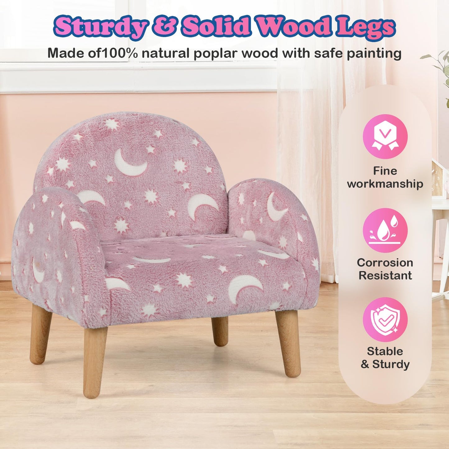 INFANS Kids Sofa with Glow in The Dark, Toddler Armchair Couch with Solid Wooden Frame Anti-Tipping, Upholstered Comfy Foam Children Chair for Kindergarten Playroom Preschool, Gift for Boys Girls