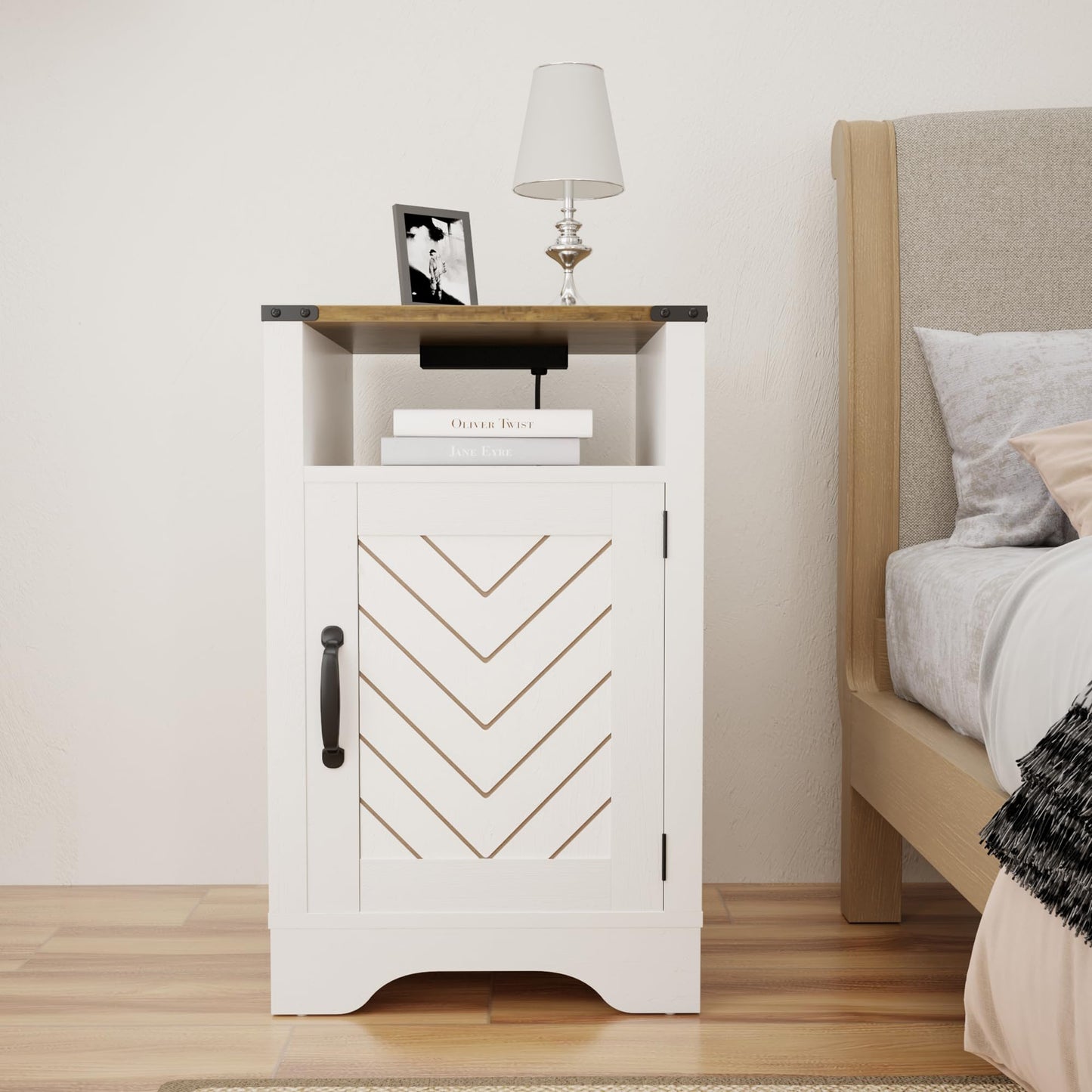 RoyalCraft Farmhouse Nightstand, End Table with Charging Station, Tall Bedside Table with Large Storage Room and Shelf, Wooden Rustic Side Table for Bedroom, Home Office, White and Rustic Oak