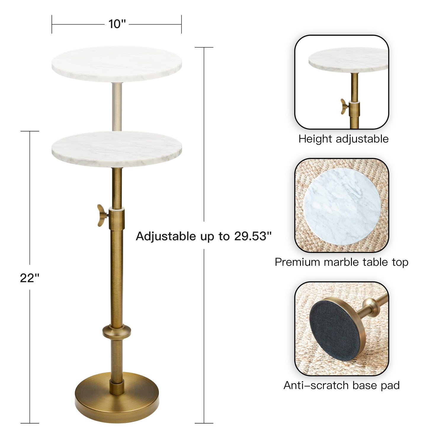 Adjustable-Height Marble Drink Table - 10x10x22-30, White Marble & Antique Brass, Modern Round End Table, Side Table with Pedestal Stand for Small Spaces, Vintage Metal Martini Cocktail Accent
