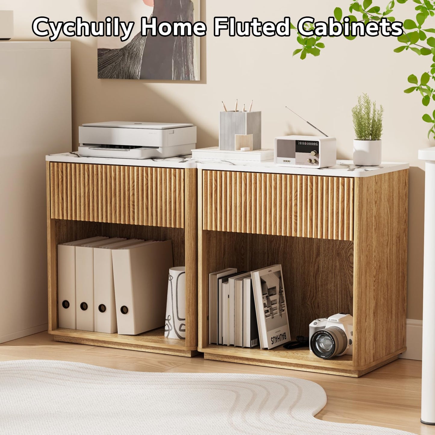 Cychuily Modern Fluted Nightstand Set of 2 for Bedroom, Mid Century Bedside Table Set with Marble Top & Drawer, Wood End Table, 2 Farmhouse Night Stands for Guest Room, Hallway, Oak