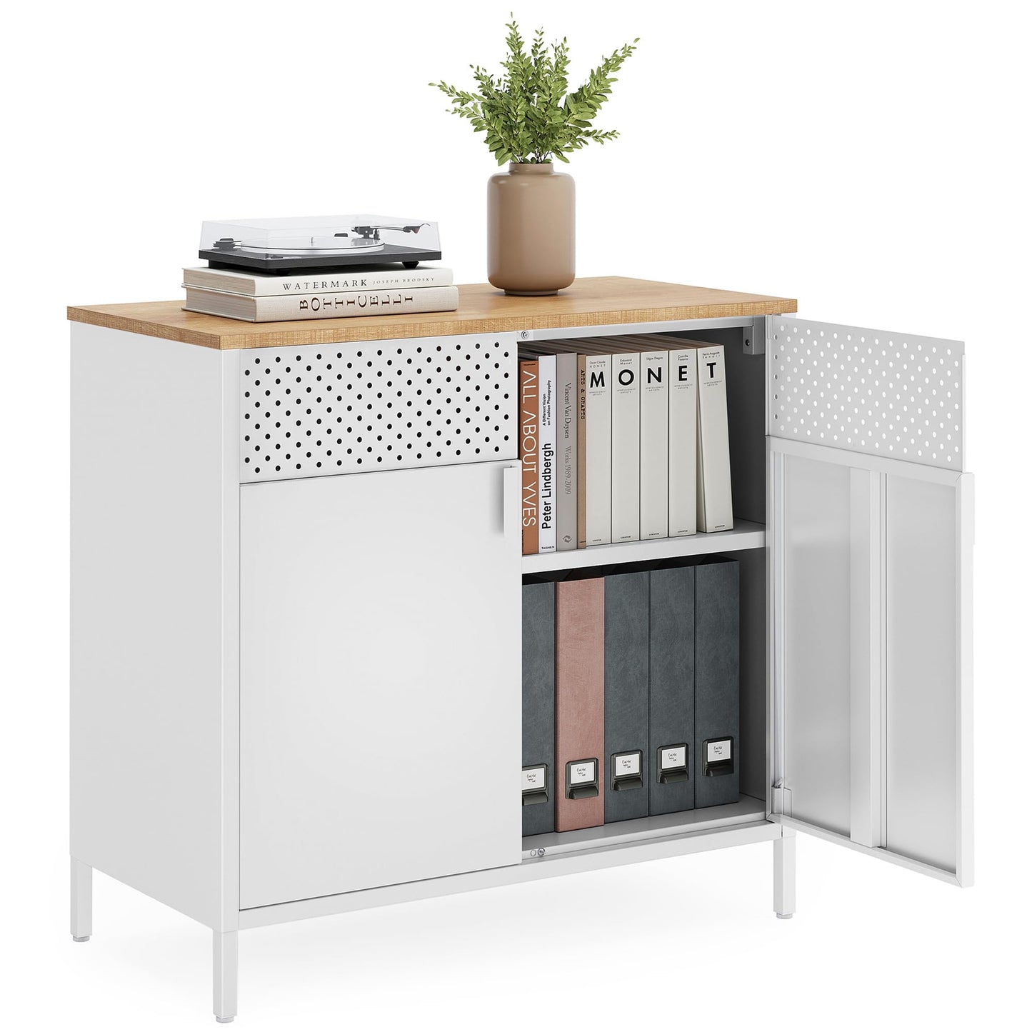SONGMICS Storage Cabinet, Metal Cabinet, Sideboard with 2 Doors, 15.7 x 31.5 x 29.9 Inches, Magnetic Closure, Adjustable Shelf, Steel Frame, Natural Beige and White ULSC102W57