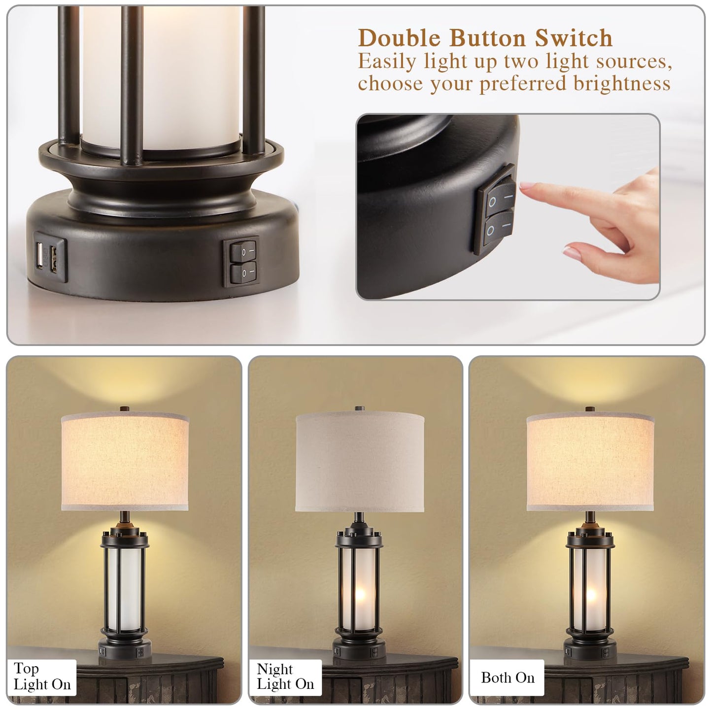 AIEAMPDO 25'' Set of 2 Modern Table Lamps for Bedroom with 2 USB C+A Ports