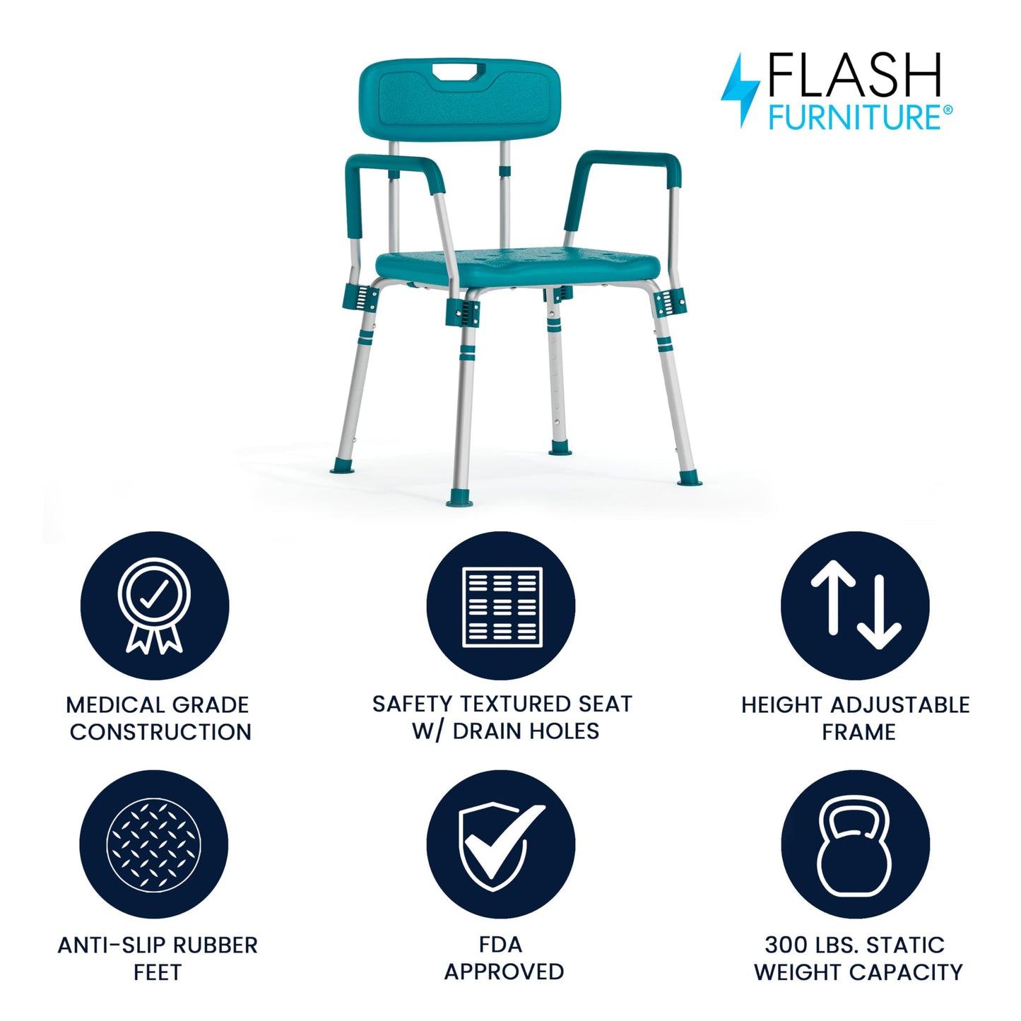 Flash Furniture HERCULES Series 300 Lb. Capacity Adjustable Teal Bath & Shower Chair with Quick Release Back & Arms