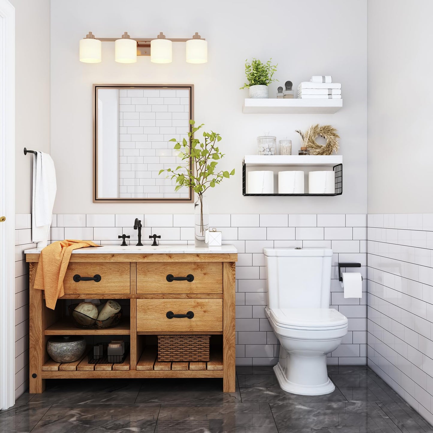 QEEIG Bathroom Shelves Over Toilet - Wall Mounted Floating Shelves Toilet Paper Storage Small Farmhouse Decor Shelf 16 inch Set of 2, White and Black (019-WB2)