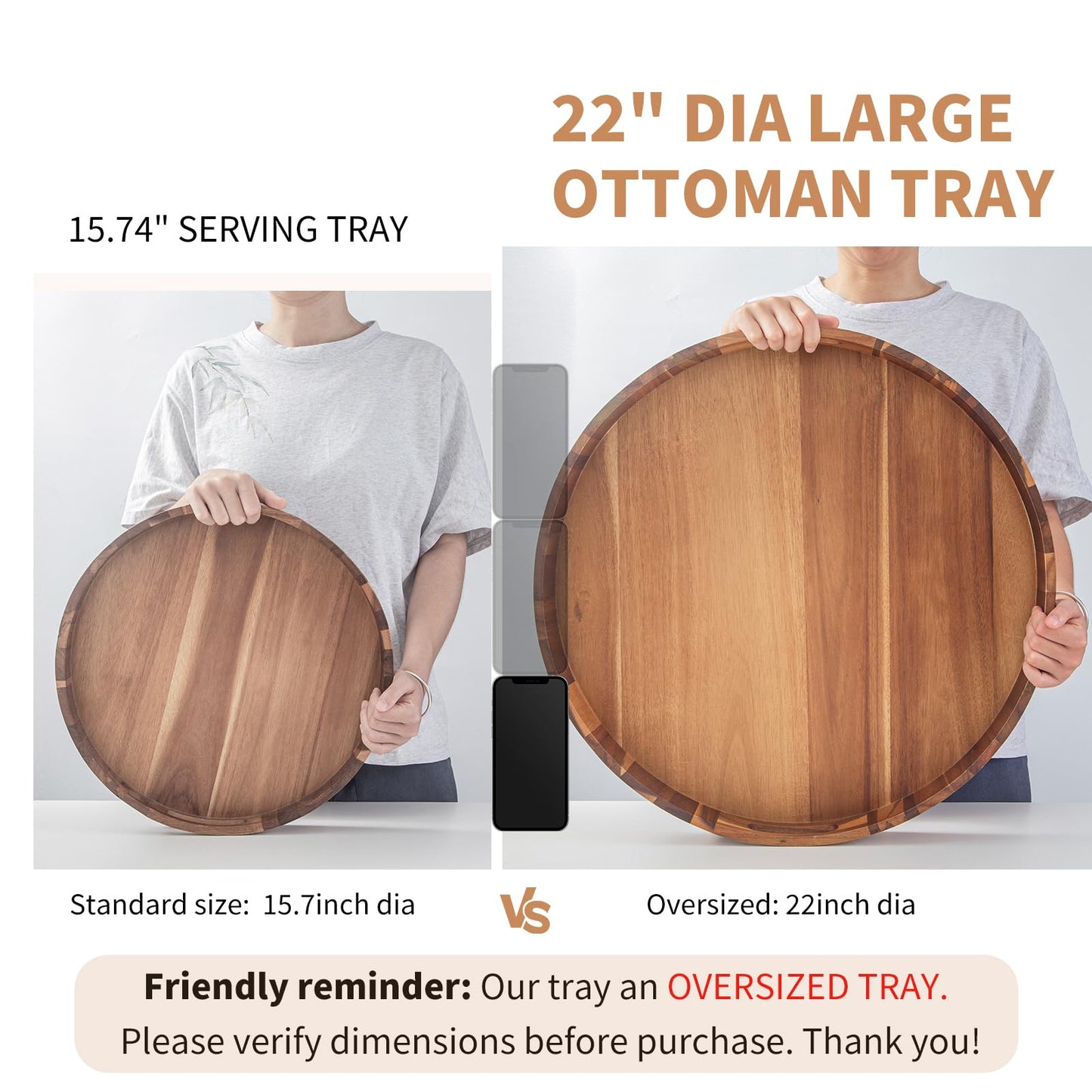 Decent Vrvege Extra Large Round Ottoman Coffee Table Tray, 22" Big Kitchen Serving Trays for Huge Ottoman Counter Giant Decorative Organizer, Huge Wood Serveware Tray with Built-in Handle for Big Job