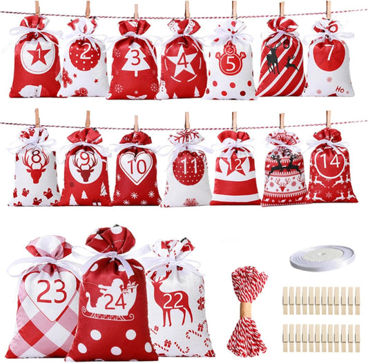 24 Pcs Christmas Drawstring Gift Wrap Bags Reusable Advent Calendar Bags Cute Xmas Candy Toys Goody Treat Bag Pocket for Holiday Weedings Birthdays Party Favor Home Storage Gift Bag