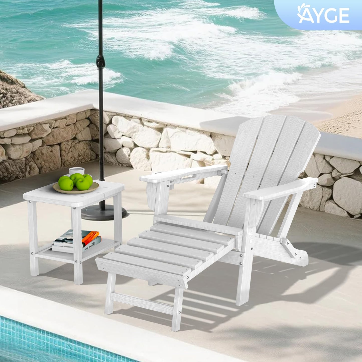 Ayge 17.7" Double Outdoor Side Table, Rectangular HDPE Adirondack End Table for Patio, Lawn, Pool, Garden, Backyard，White