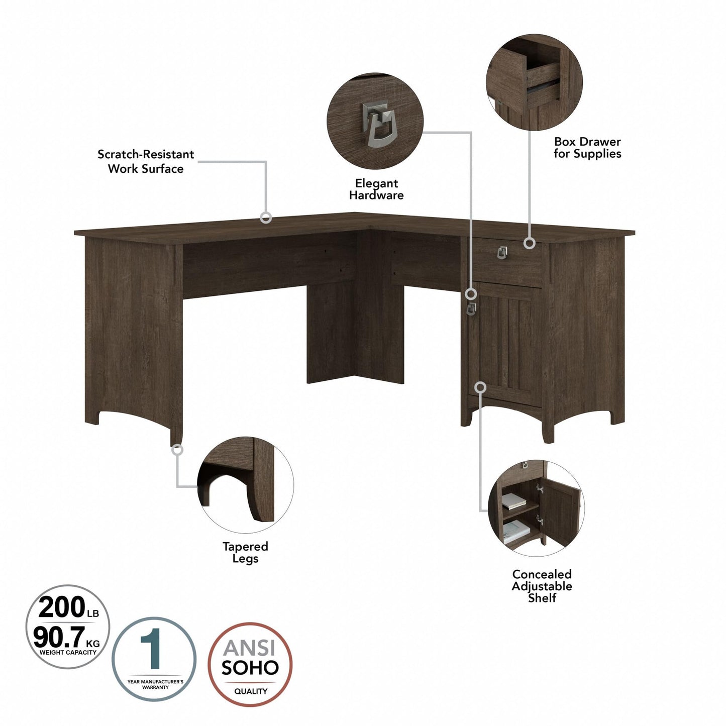 Bush Furniture Salinas L Shaped Desk with Hutch in Ash Brown, Corner Table with Drawers and Storage for Home Office