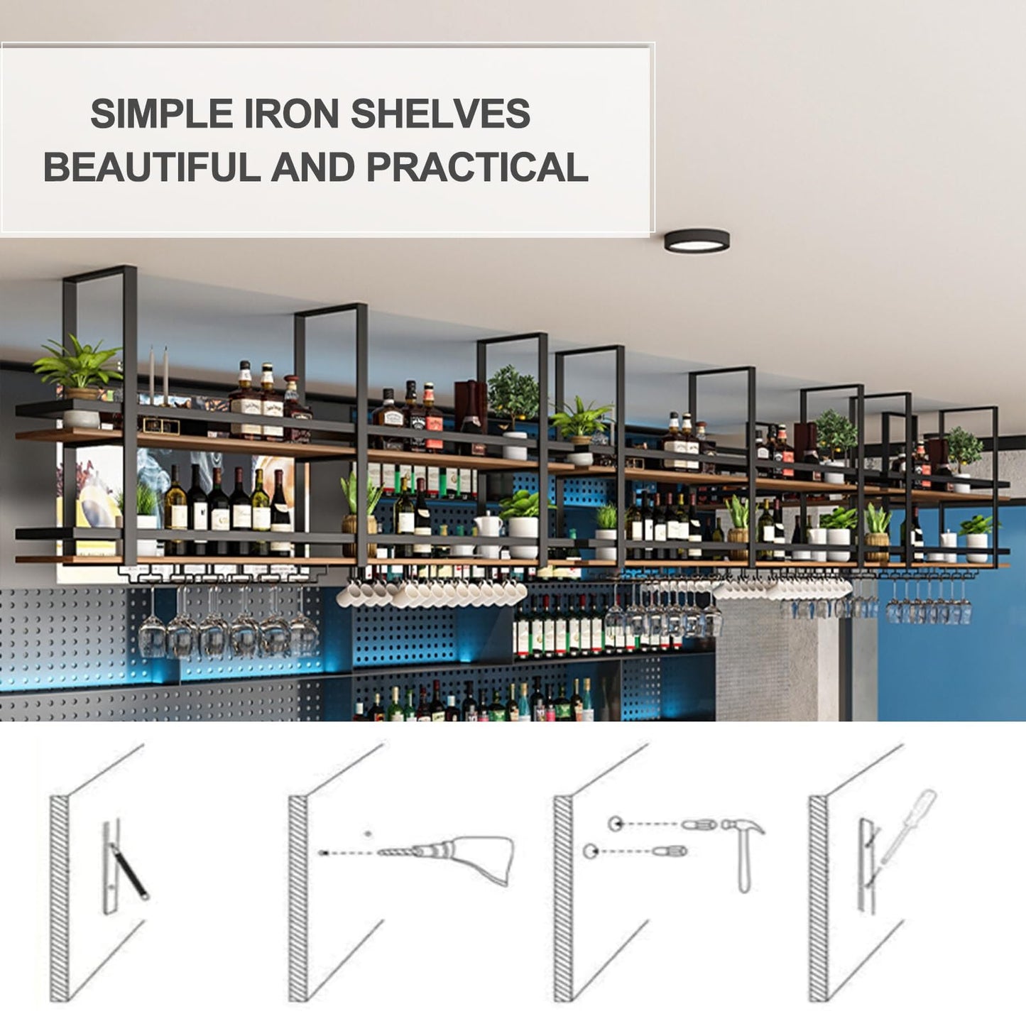 GFRWKCEX Ceiling Shelves Hanging Wine Racks Upside Down Wine Glass Holder Plant Flower Pot Stand Metal Organizer Shelves for Bar Cafe Restaurant(100x30x80cm)