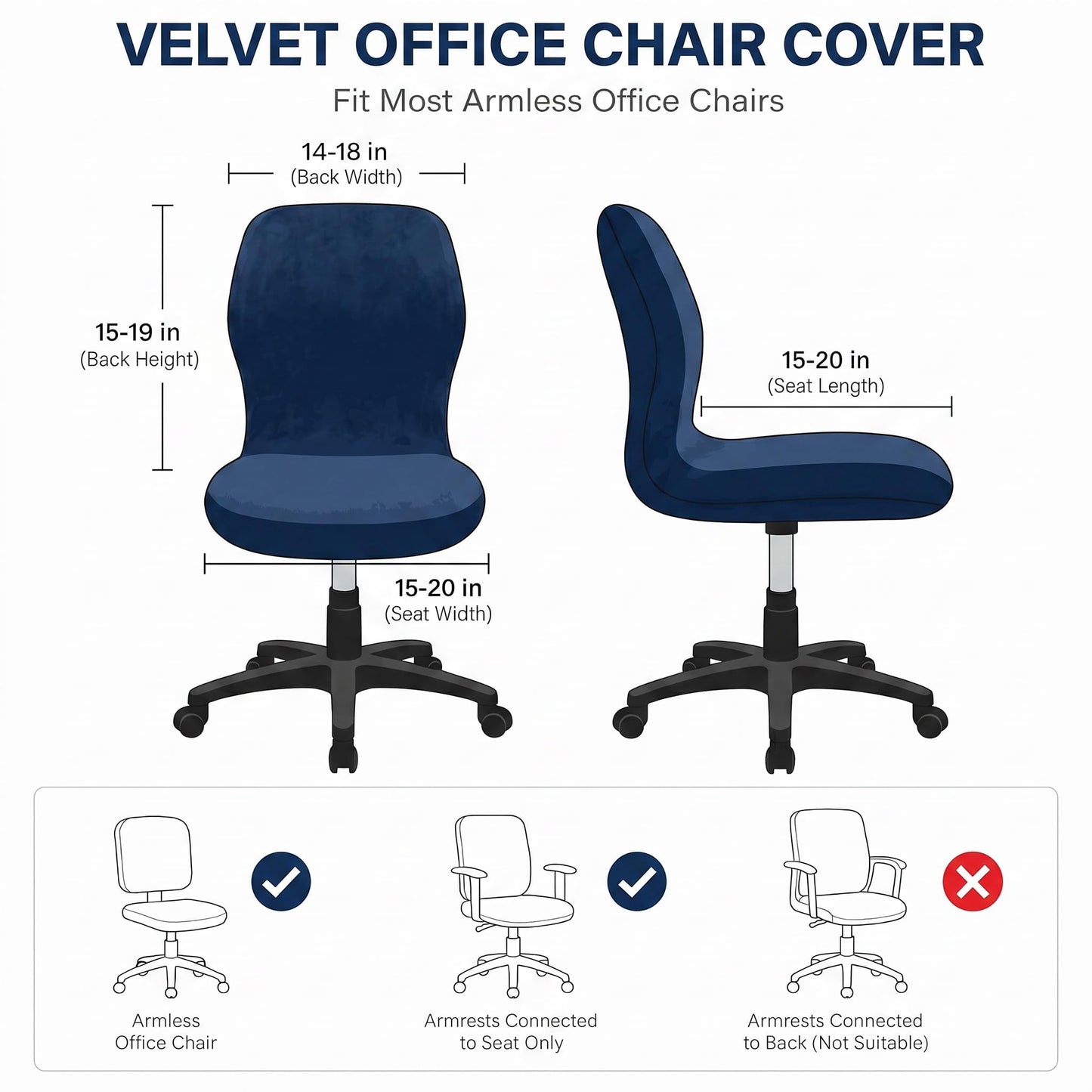 Deisy Dee Velvet Stretch Armless Office Chair Covers - Colorful Stretch Slipcover for Desk Chairs (Navy)