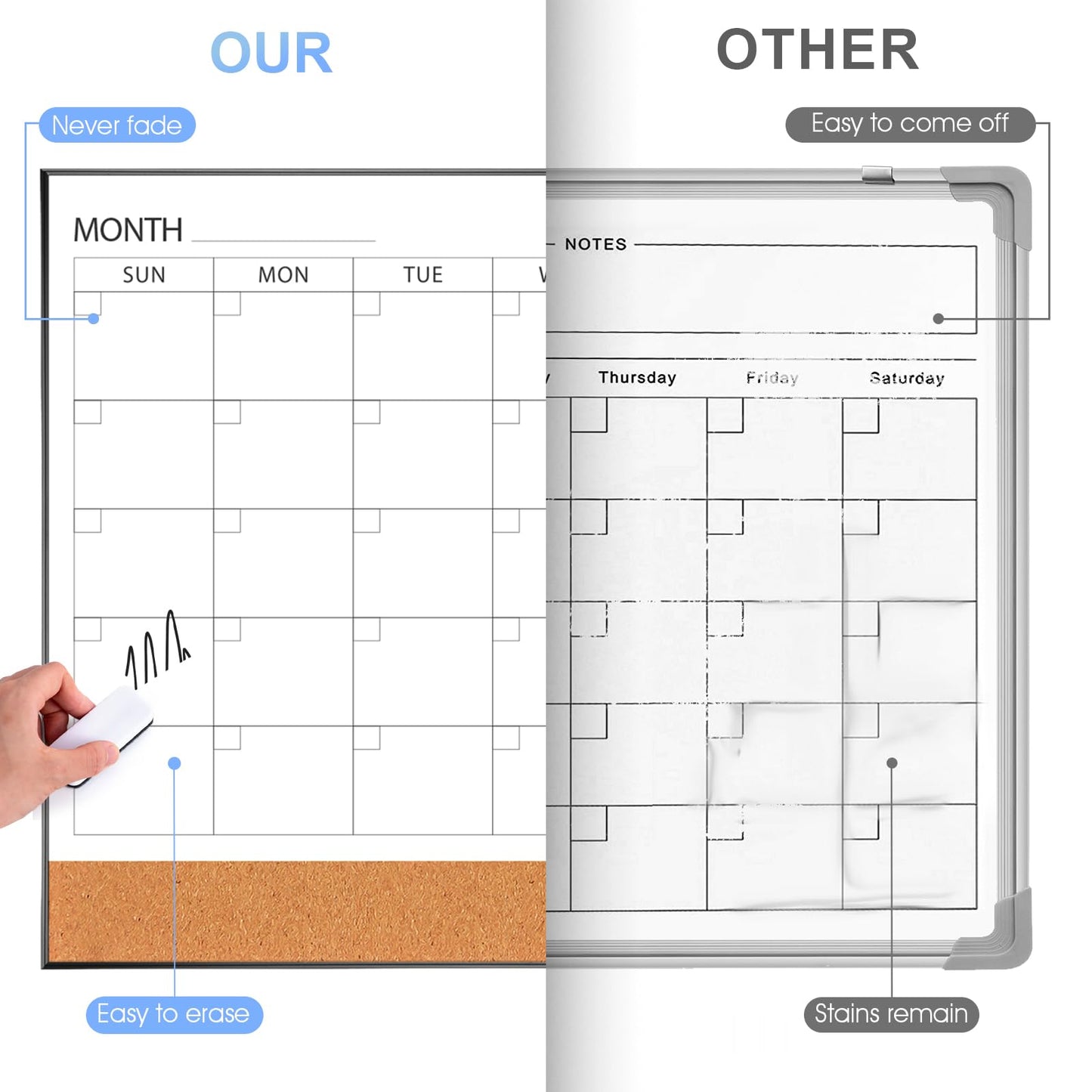 ARCOBIS Dry Erase Calendar with Cork Board for Wall, 36"x 24" Magnetic Calendar Whiteboard with Black Frame, Monthly Combination Board for School, Home, Office