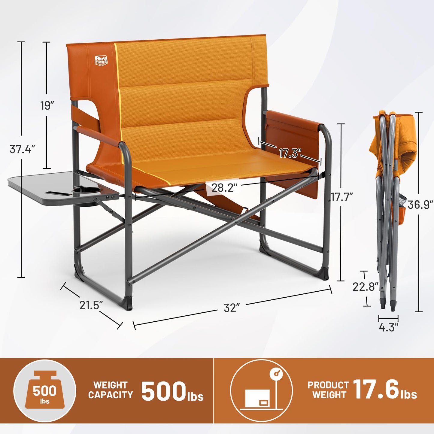 TIMBER RIDGE XXL Director’s Chair – Heavy Duty Folding Chair with Side Table, 500 lb Capacity, Extra Wide Padded Seat for Camping, Sports, Beach, Patio, and Outdoor Use, Orange-2 Pack