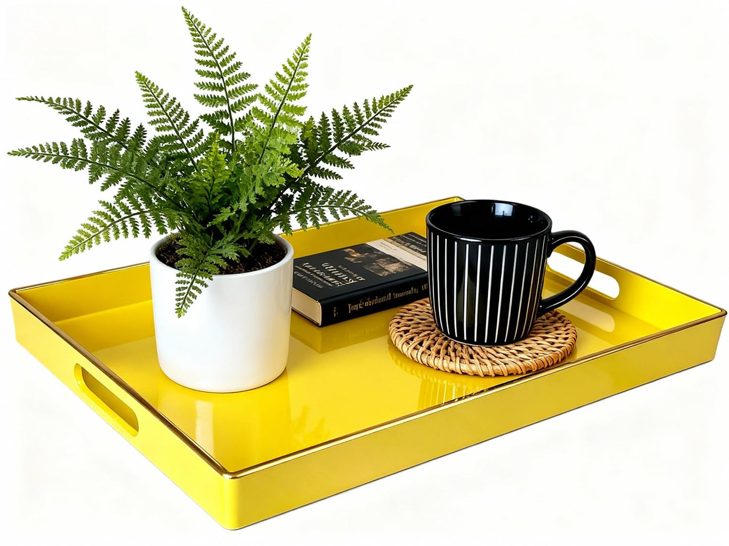 Zosenley Decorative Plastic Serving Tray with Handles, Modern Vanity Organizer for Bathroom, Kitchen, Ottoman and Coffee Table (Yellow, Rectangular)