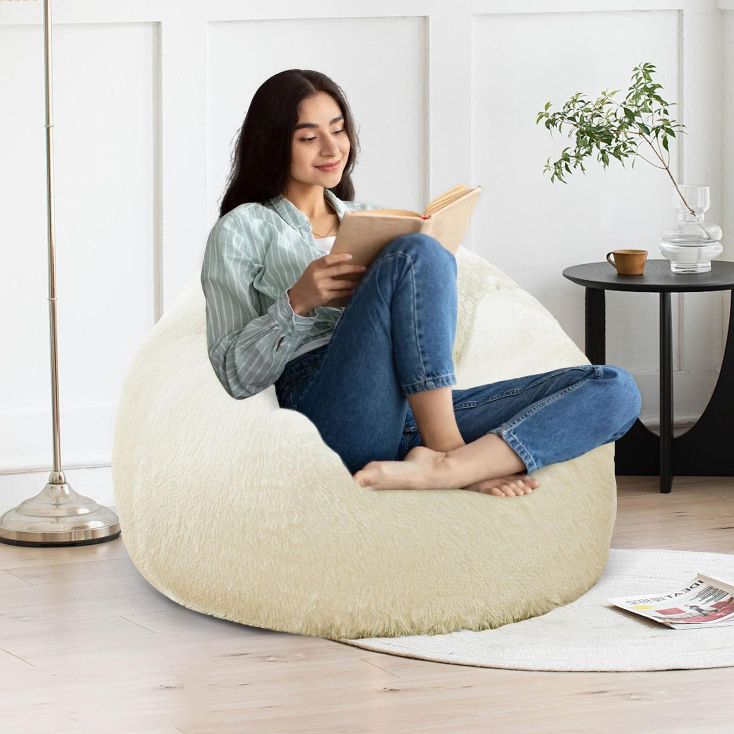 Beige faux fur bean bag chair covers (No Filler), comfy Fluffy Beige bean bag chair Cover for bedroom, stuffed animal Storage, kids adults teens girls bean bag chairs, Anti-Slip