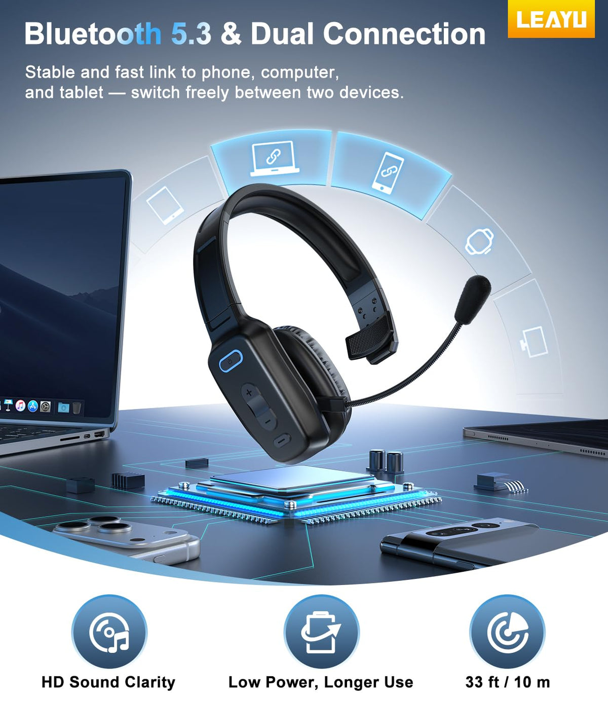 Bluetooth Headset, 60hrs AI Noise Canceling V5.2 Over Head Headphones, Single Ear Trucker Wireless Headset with Mic, Mute Button, Multipoint, for Phones PC Computer Truck Driver Office Work - Black