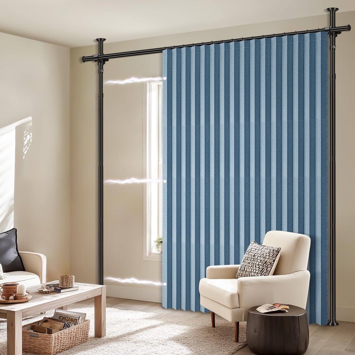 100% Blackout Room Divider Curtains Sets Blue 1 Panel W100 x L84in No Drill Curtain Rods(H) 43-120×(W) 35-100 in for Office Privacy Partition Separator