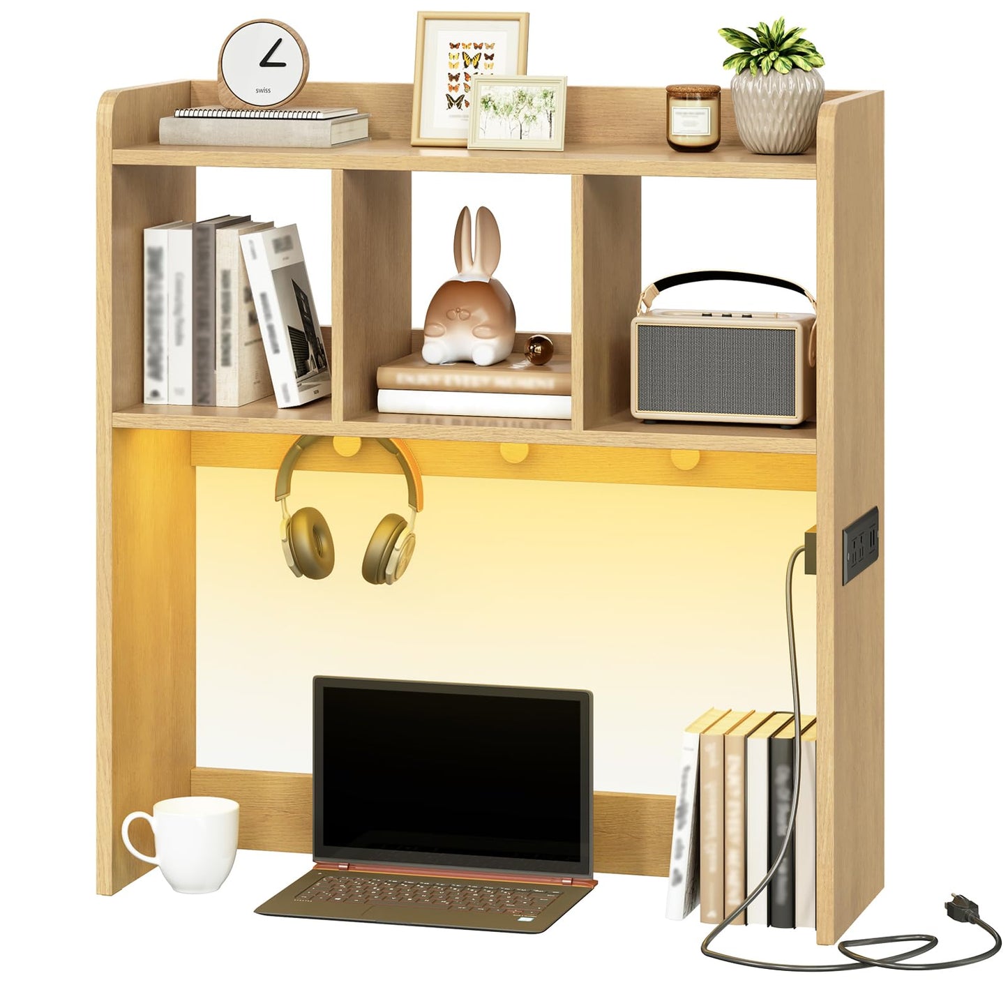 HOOBRO Desktop Bookshelf, Office Desktop Shelf, Desk Hutch with Outlets, Wooden Office Desktop Bookcase, Desktop Organizer Shelf with LED Light Strip and 3 Hooks, for Home, Study, Natural NL12UDSJ01