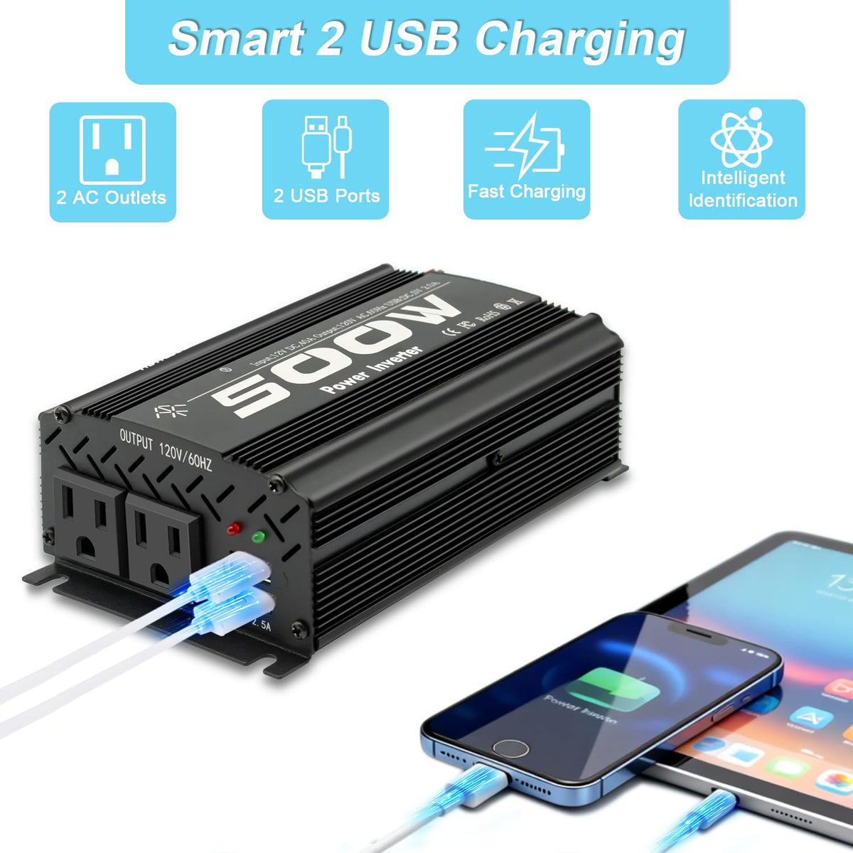 500 Watt Power Inverter car Inverter Rate 500W / Peak 1000W DC12V to AC 110V RV Inverter for Camping Charging Vehicle Power Inverter-Black(500W)