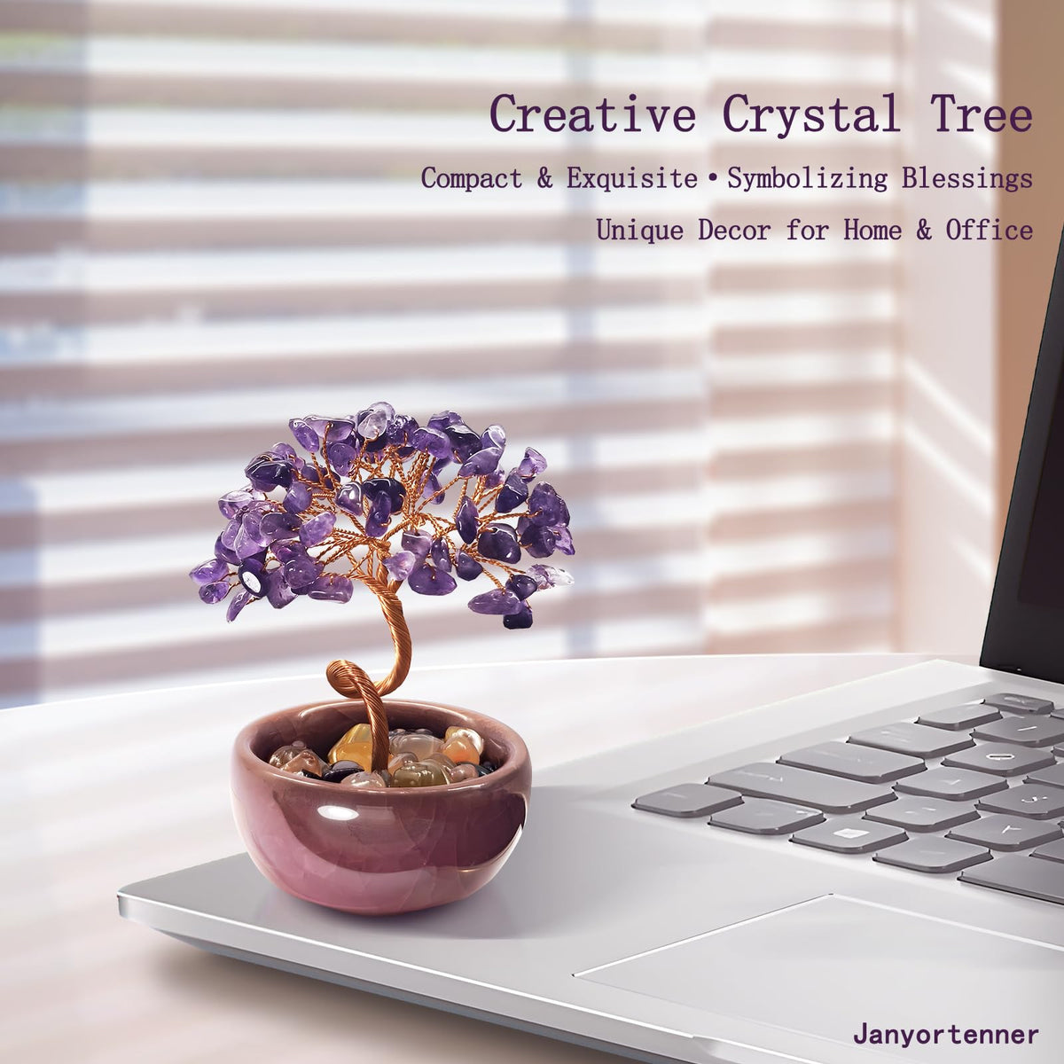 Janyortrenner Mini Amethyst Crystals Tree of Life,Mystical Energy Home Office Desk Decor,Handmade Crystal with Copper Wire and Crackle Glaze Base,Spiritual Gift