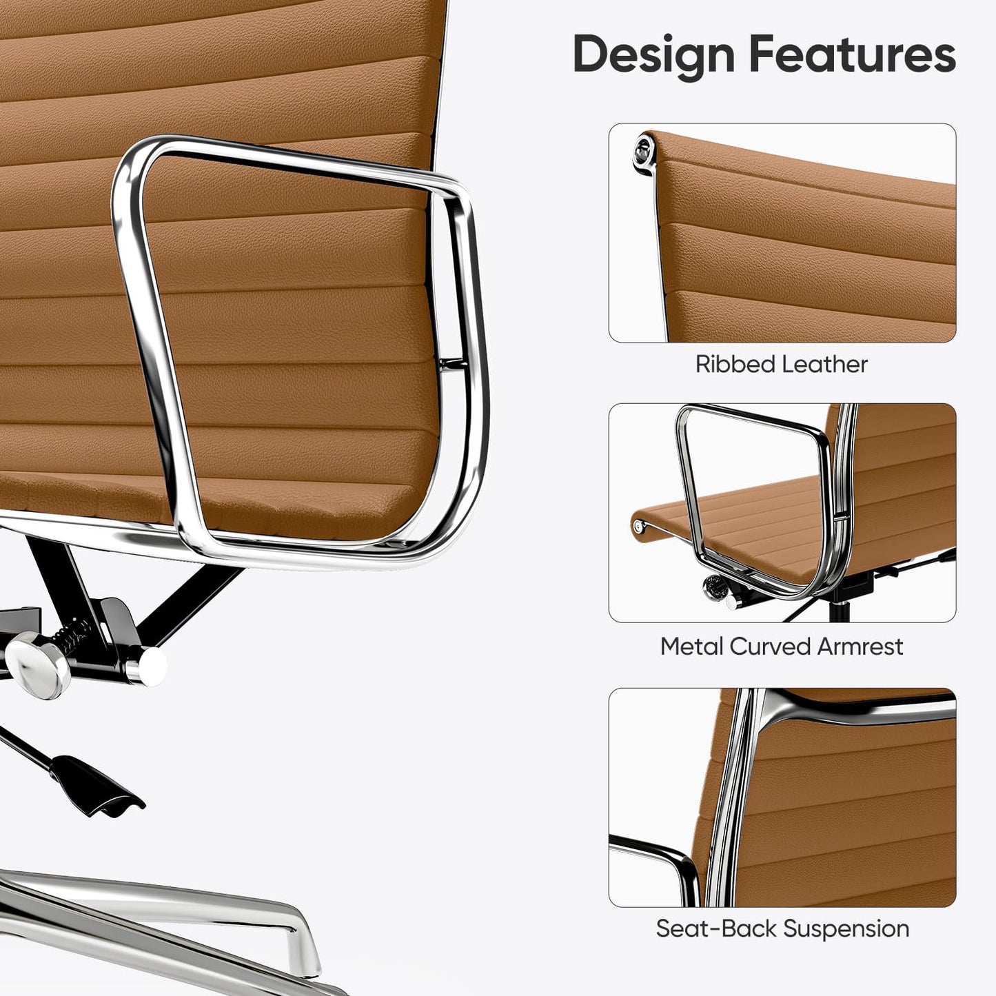 OTDMEL Ribbed Office Chair with Top Grain Leather - Mid Back Ergonomic Desk Chair with Aluminum Arms & Frame, Swivel Wheels & Tilt Function, Adjustable Height Light Brown, Mid-Back