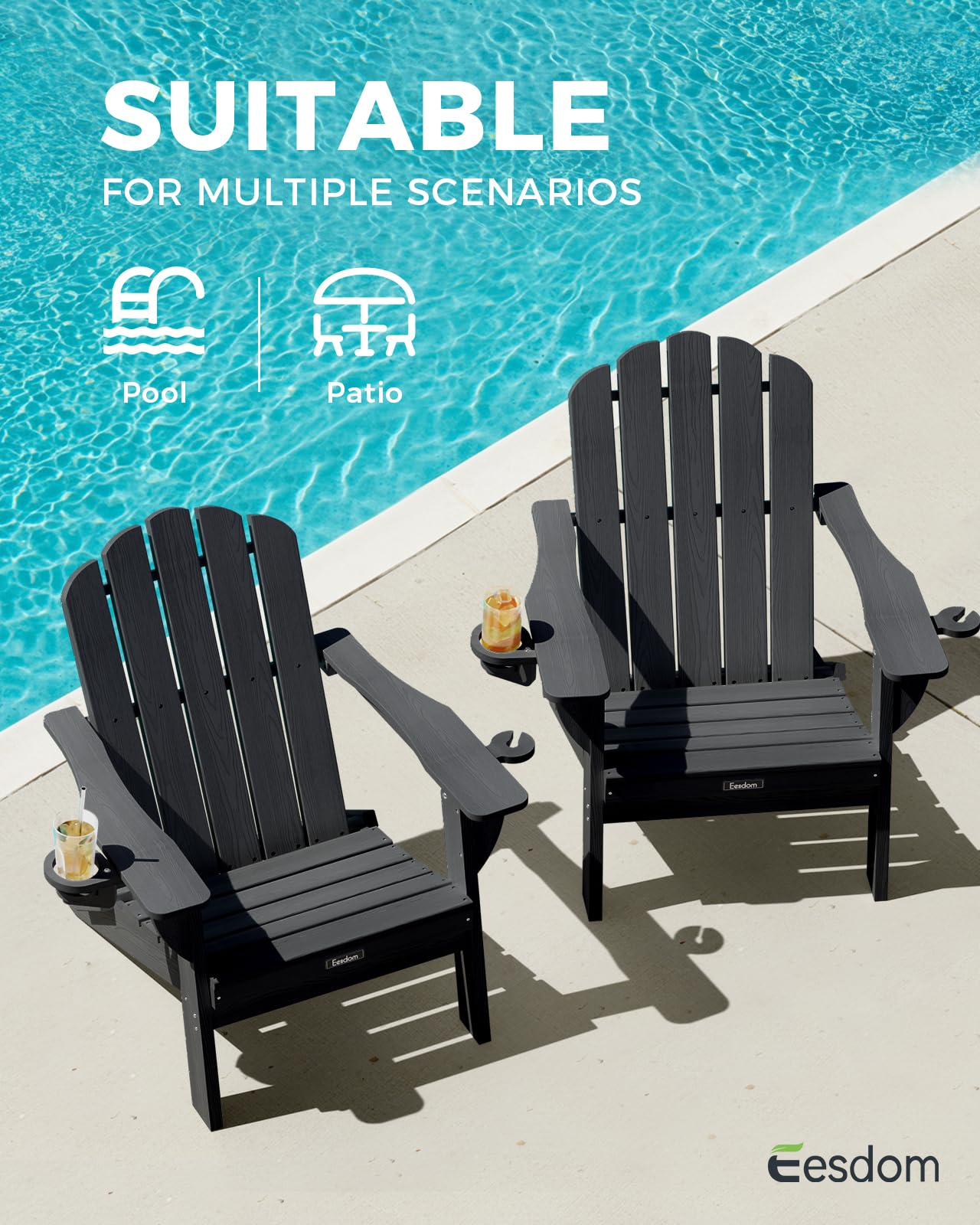 Eesdom Folding Adirondack Chair, All-Weather HDPE Plastic Patio Chair with 2 Cup Holders, Wooden Textured Lawn Chair, Perfect for Fire Pit,Black