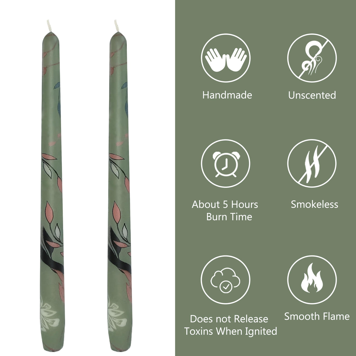 10 Inch Taper Candles Leaf Print Candle Sticks Handmade Set of 2 Unscented Long Candle Smokeless Tapered Candles for Meditation Wedding Spa(Green)