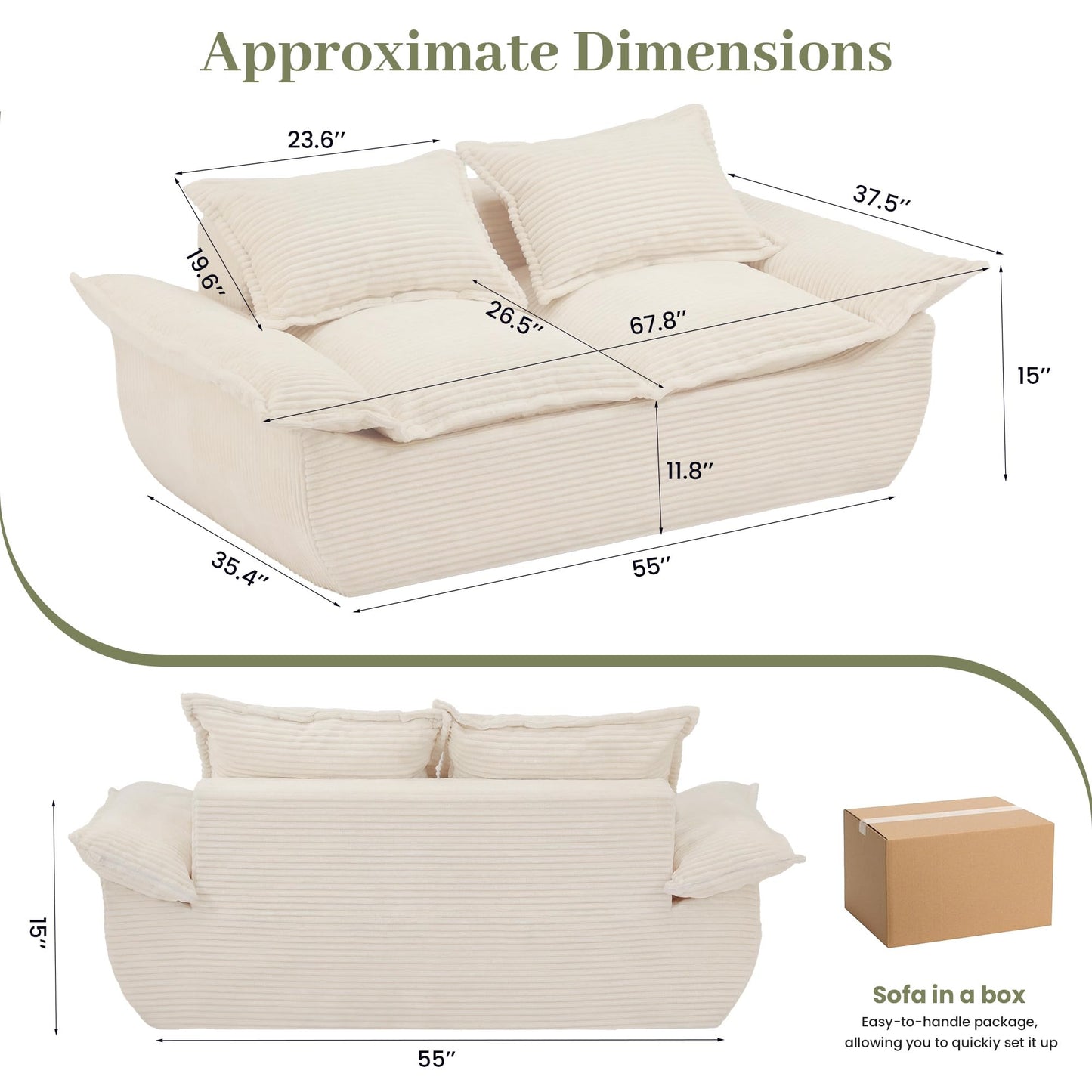 JUIKURY 55" Convertible Corduroy Sofa Bed, Boneless Foldable Loveseat Sleeper Couch, Compressed Foam Floor Sofa with Removable Cushions & Pillows for Small Space Living Room