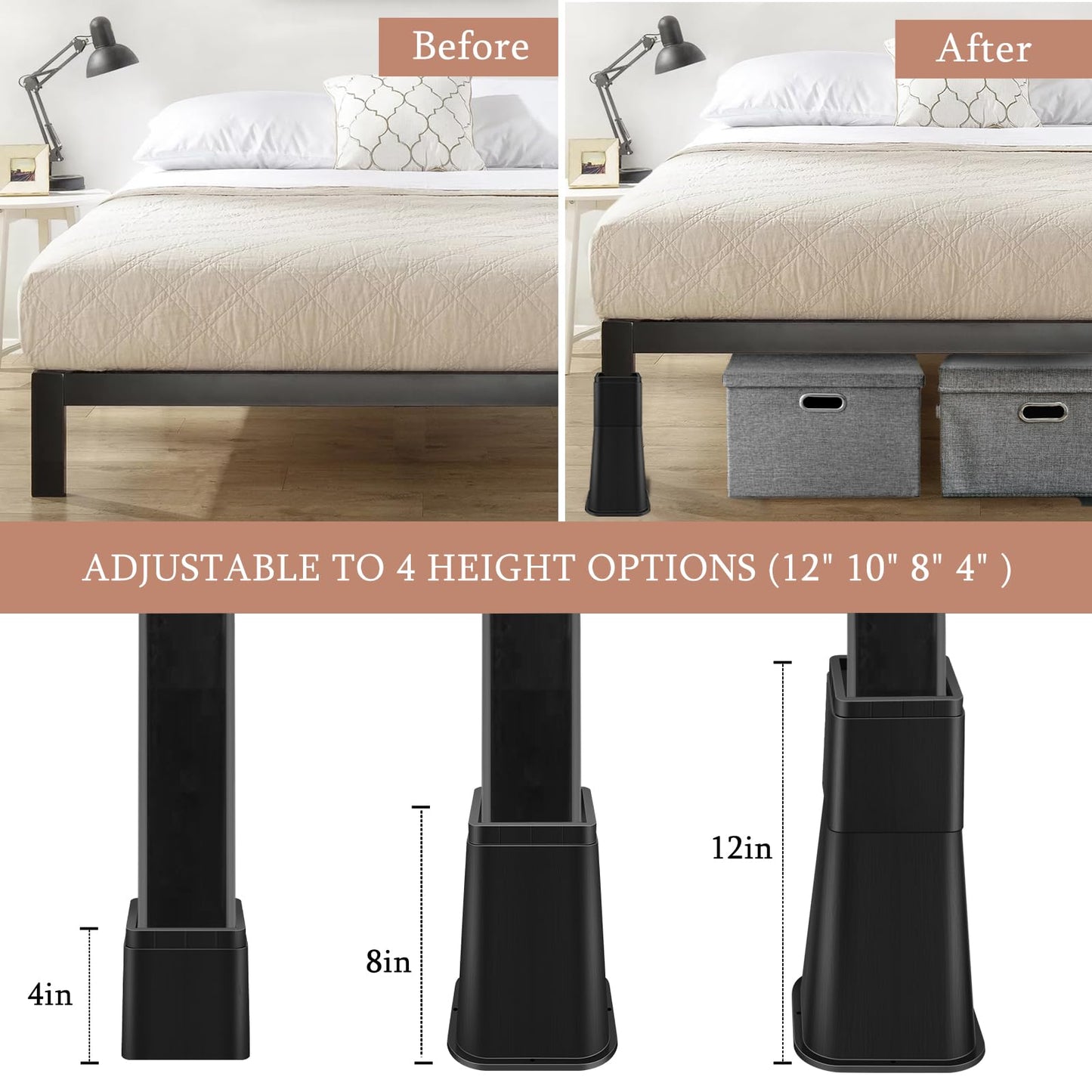 shouwuhho Bed Risers 12 Inch Heavy Duty, Furniture Risers Lifts 12" 8" 4" for Table, Desk Leg, Sofa, Couch, Adjustable Bed Frame Risers Supports Up to 6,000 Lbs, Black