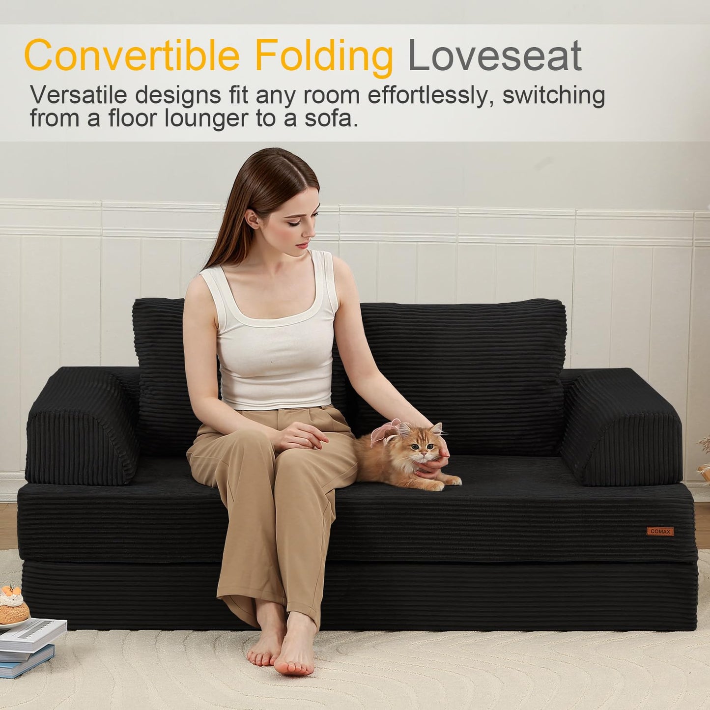 COMAX Futon Sofa Bed, Convertible Folding Sofa Bed, Boneless Couch Loveseat Corduroy with Pillows, Small Foldable Floor Couch Comfy Lounge Sleeper for Living Room Bedroom, Black